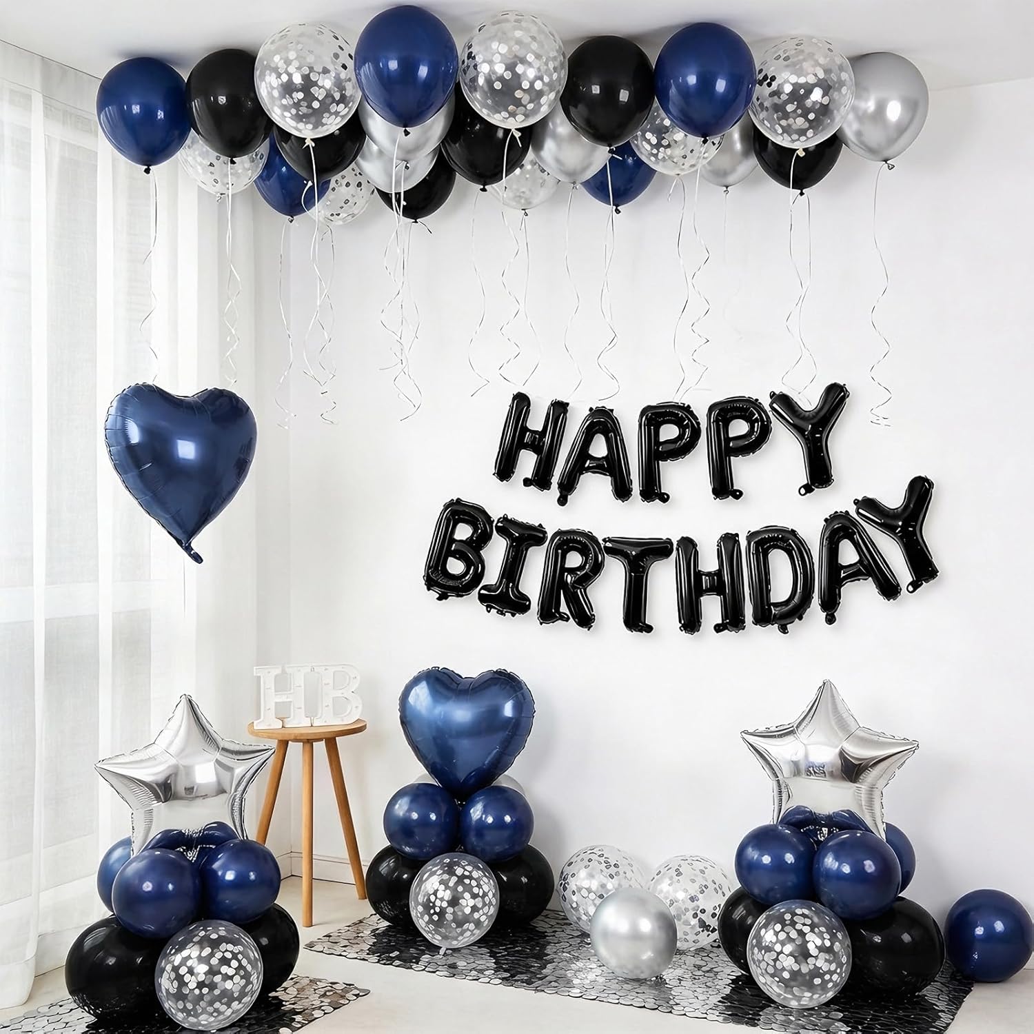 Navy Blue and Black Birthday Decorations for Men,Blue Black White Balloons Happy Birthdays Balloon Banner Silver Confetti Balloons for Men Boy Girls Women Adults Birthday Party Decorations - Image 3