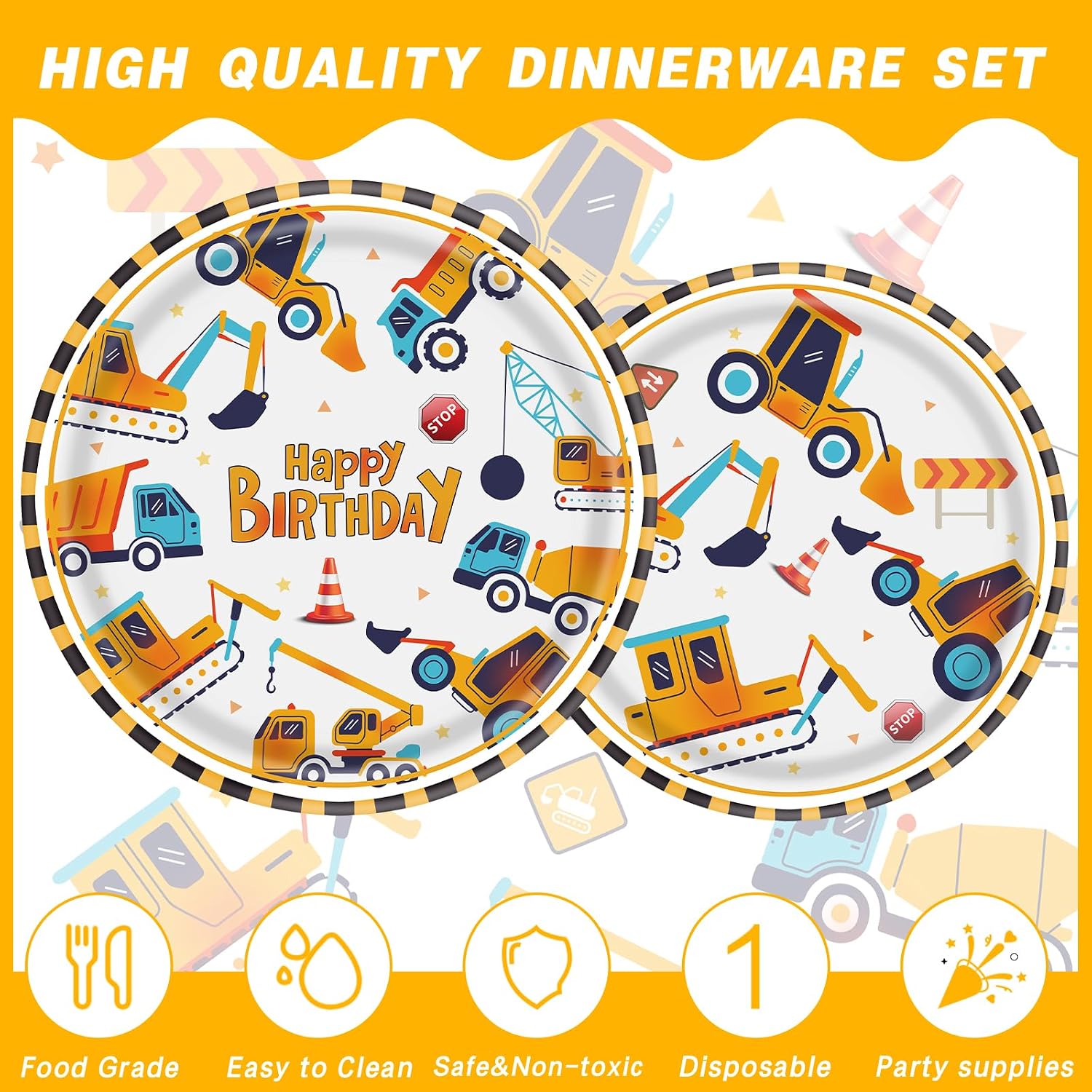 140PCS Construction Birthday Party Supplies Construction Theme Decorations Includes Plates, Cups, Napkins, Cutlery, Perfect for Boys Kids Birthday Party, Serves 20 Guests - Image 4