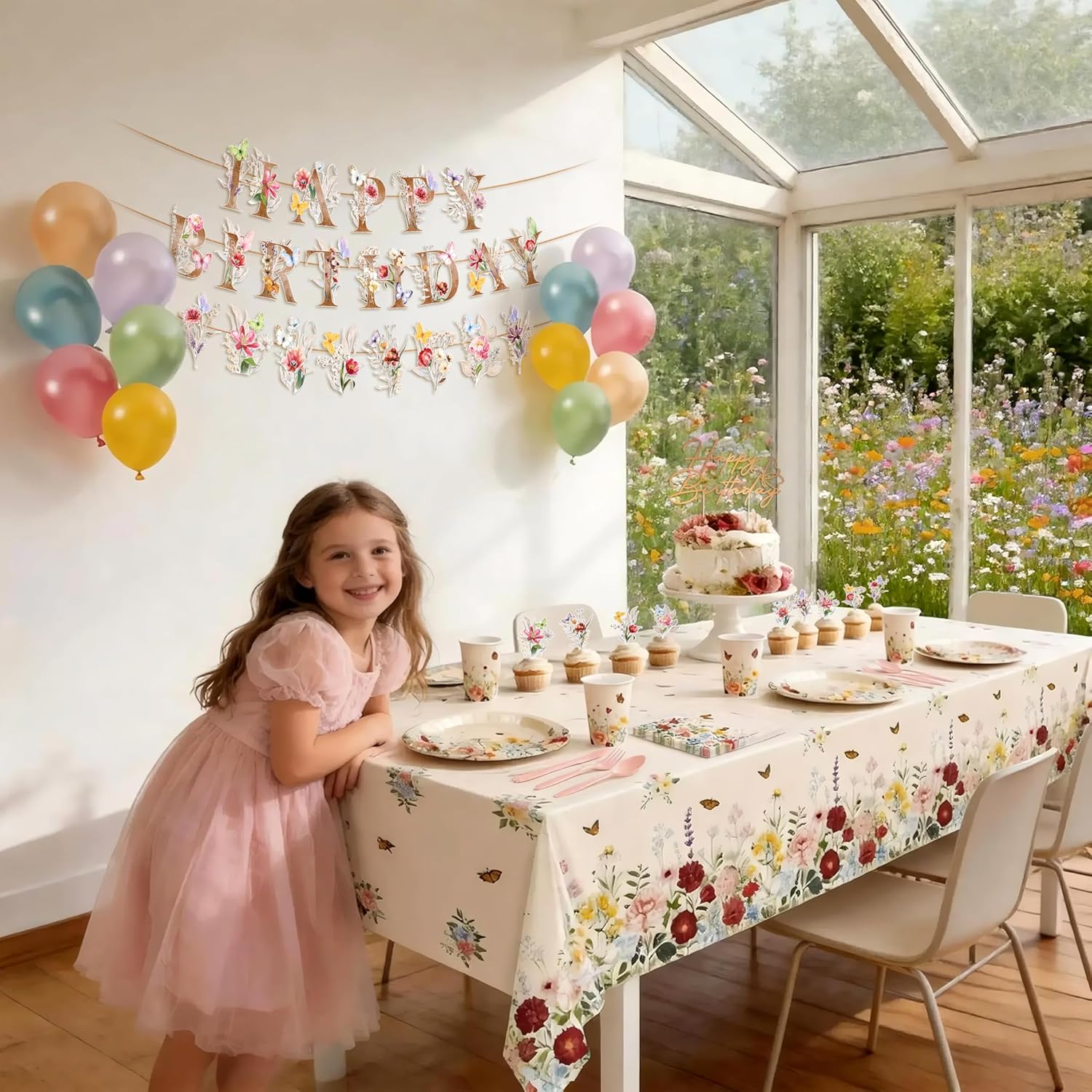 BORAMDO 206 PCS Wildflower Birthday Party Decoration,Spring Floral Baby Shower Decor with Plates Napkins Cups Cutlery Tablecloths Cake Toppers Banner Balloons for Flower Garden Party Supplies(Vintage) - Image 6