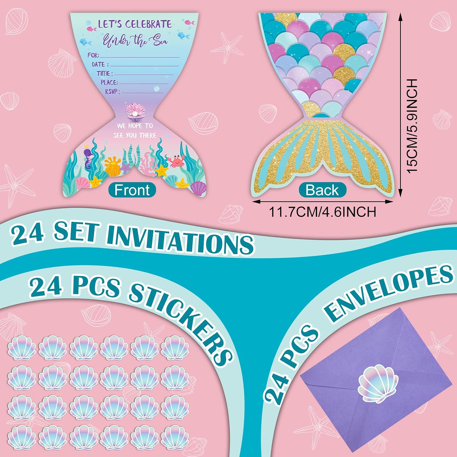 Hotop 24 Sets Mermaid Birthday Invitations with Stickers and Envelopes for Kids Girls, Mermaid Party Invitations Cards for Birthday Baby Shower Party Favors Supplies, 4x6 Inch - Image 2