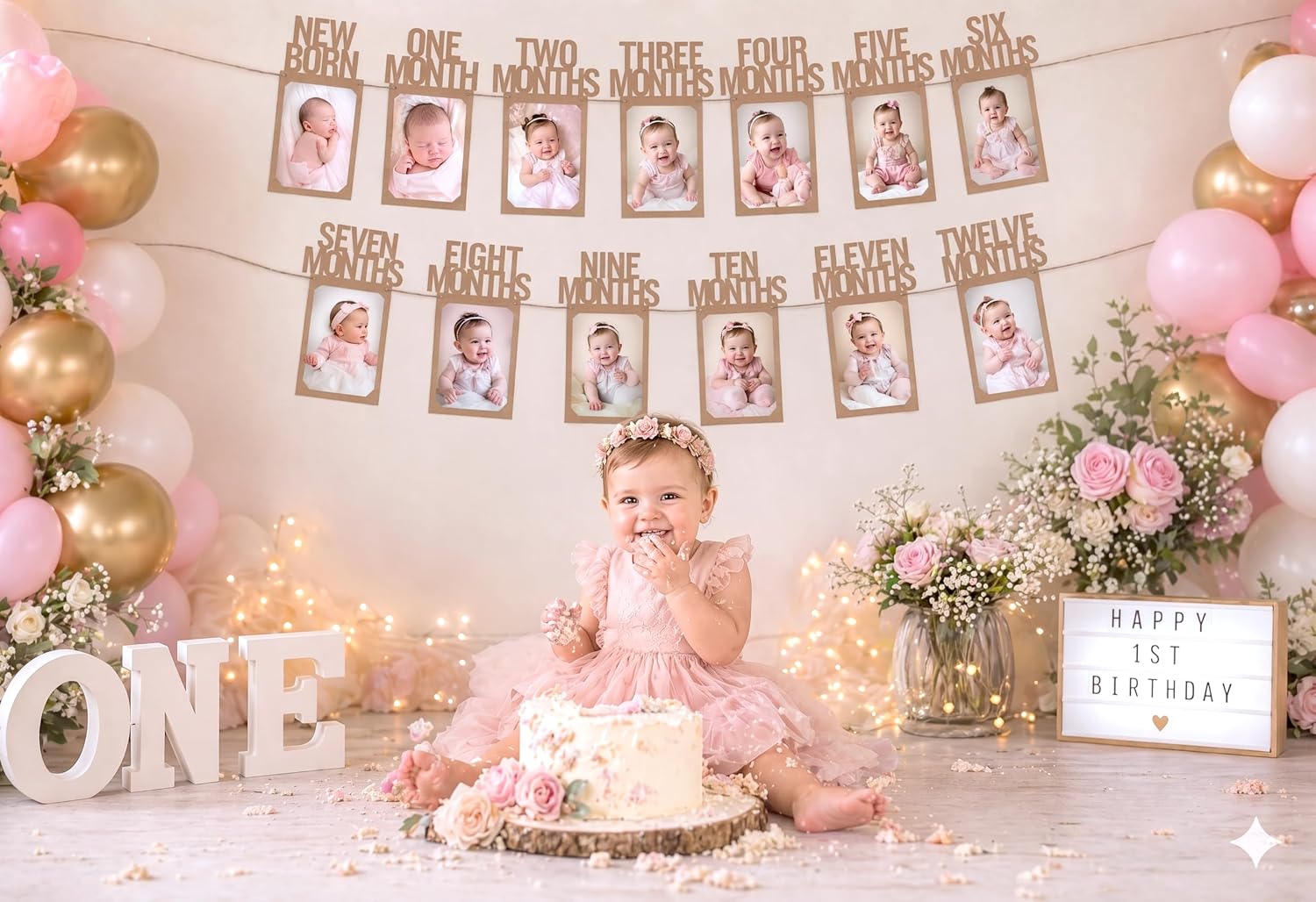 PartyHooman 1st Birthday Photo Banner for Baby from Newborn to 12 Months, First Birthday Decorations Boy or Girl Monthly Milestones Garland | 1 Year Old Photo Banner Pre-strung with Frame (Kraft) - Image 8