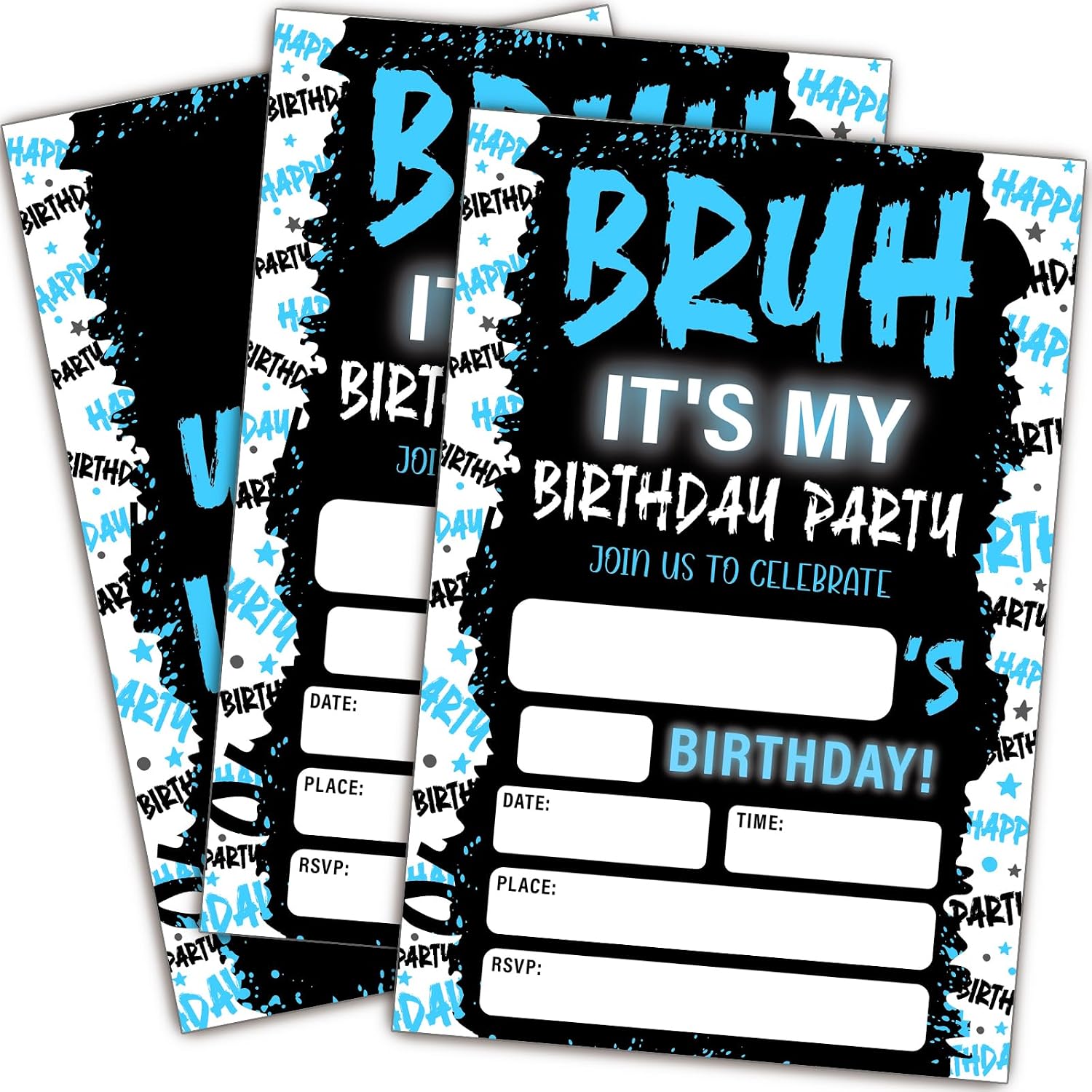 Bruh It's My Birthday Party Invitations, 20Pcs Blue Fill In Invitation Cards with Envelopes, Double Sided You're Invited Cards for Boys Teen Kids Birthday Supplies (4x6 inch)
