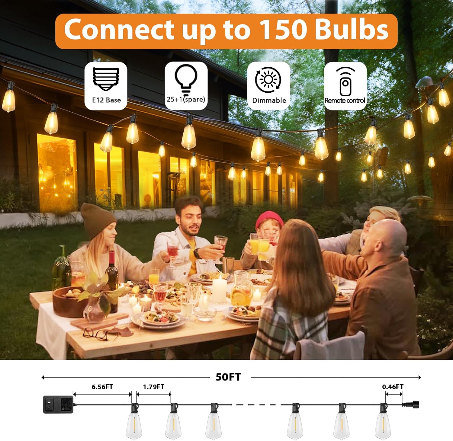 Brightever Dimmable Outdoor String Lights with Remote, 3 Colors in 1 LED Patio Light for Outside with 25+1 ST38 Edison Bulbs, 50FT 3 Modes Gazebo Lighting Waterproof for Camping, 2700K/4000K/5000K - Image 6