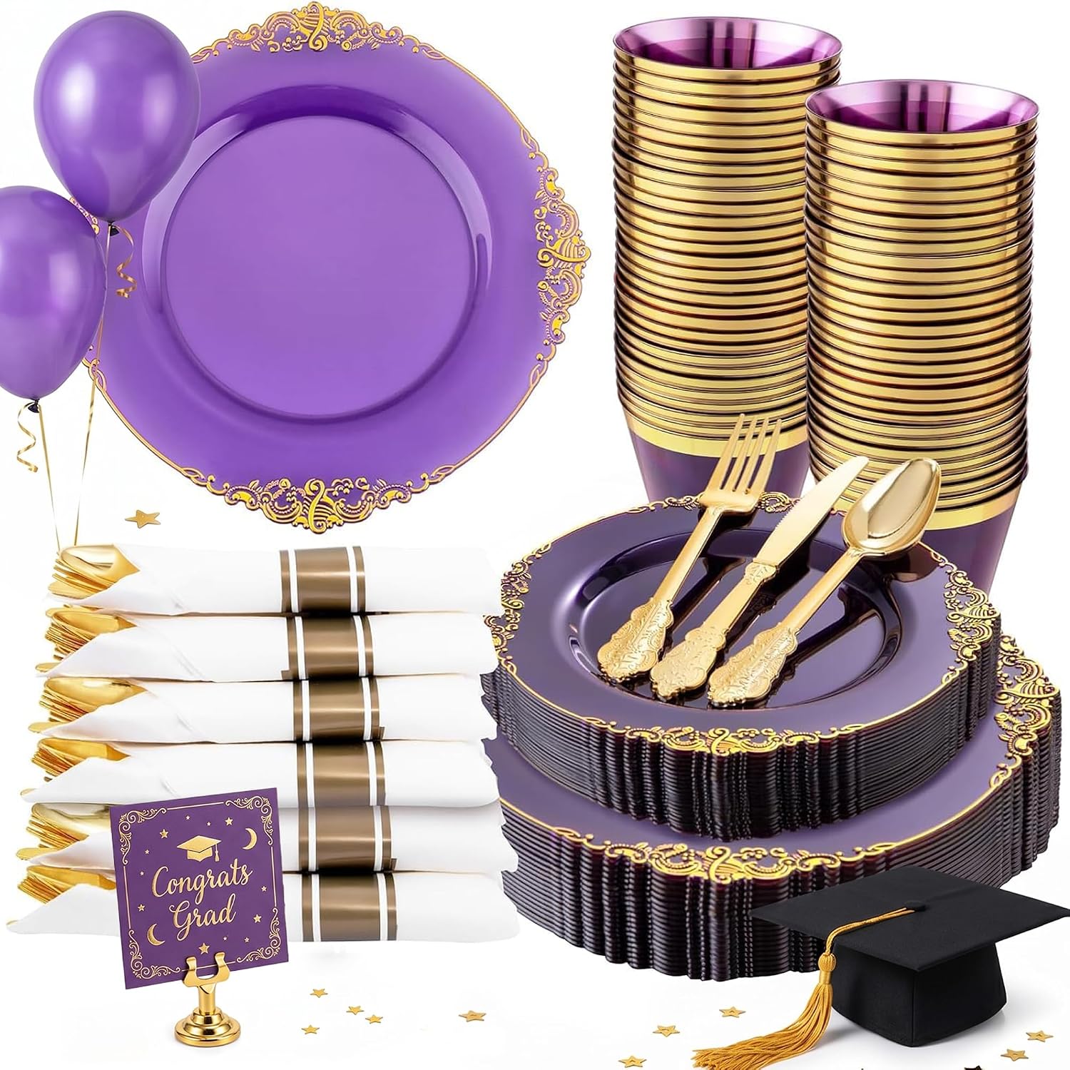 Nervure 175PCS Purple Plastic Plates - Disposable Purple Gold Party Plates & Pre Rolled Napkins with Cutlery for 25 Guests, 50Plates, 75Silverware, 25Cups, 25Napkin for Wedding & Party