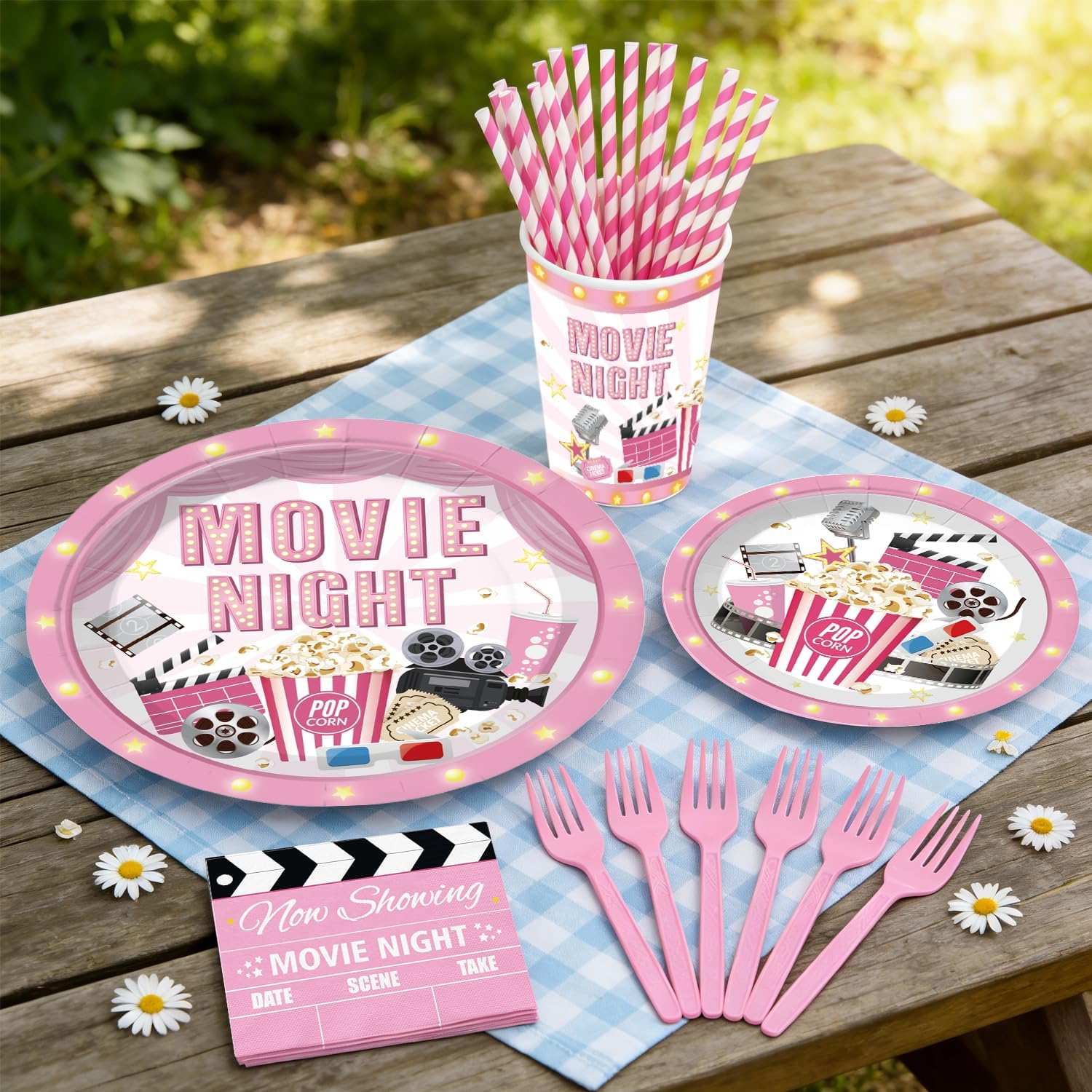 213 PCS Pink Movie Night Decorations, Movie Theme Party Supplies Service 25, with Now Showing Banner, Cake Topper, Balloons, Plates and Napkins for Movie Night Party - Image 5