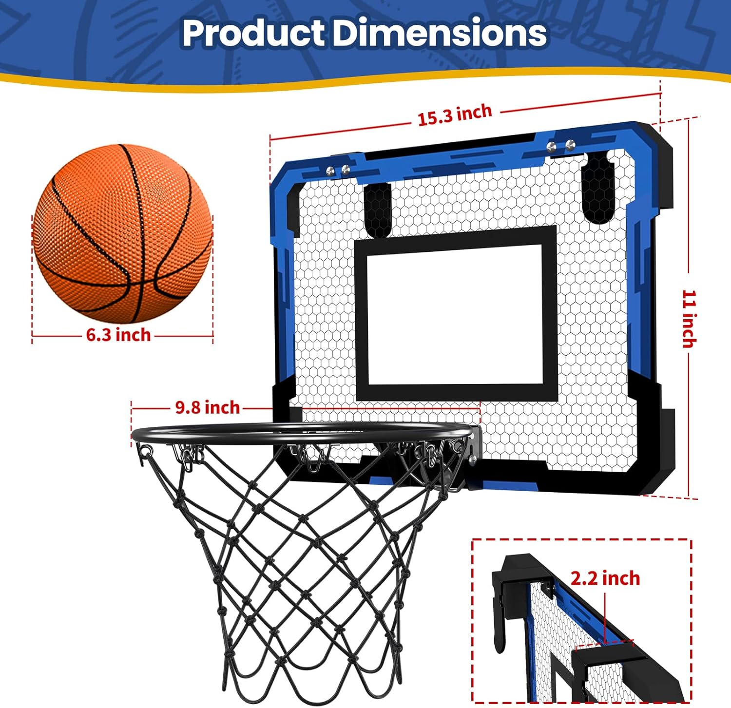 QDRAGON Mini Basketball Hoop, Over The Door Indoor, with 3 Balls/Inflator/Breakaway Rim, Basketball Toy Gifts for Kids and Adults, Suit for Bedroom/Office/Outdoor, Blue Hoop - Image 8