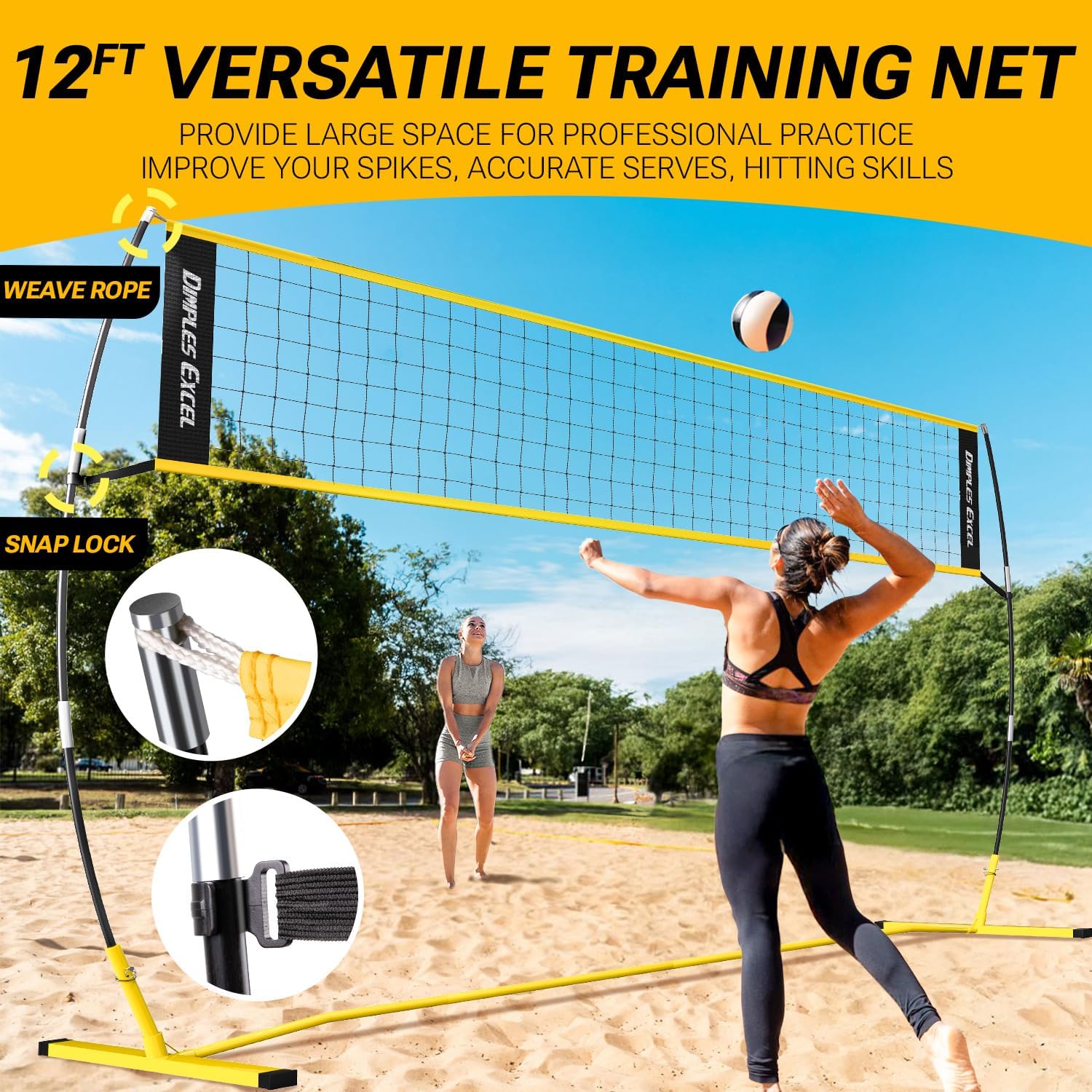 Dimples Excel 12x8 FT Professional Portable Volleyball Net Set with 4 Adjustable Height Levels (5.05–8 FT), Includes Volleyball, Pump, Carry Bag and Sandbags for Indoor/Outdoor Training - Image 3