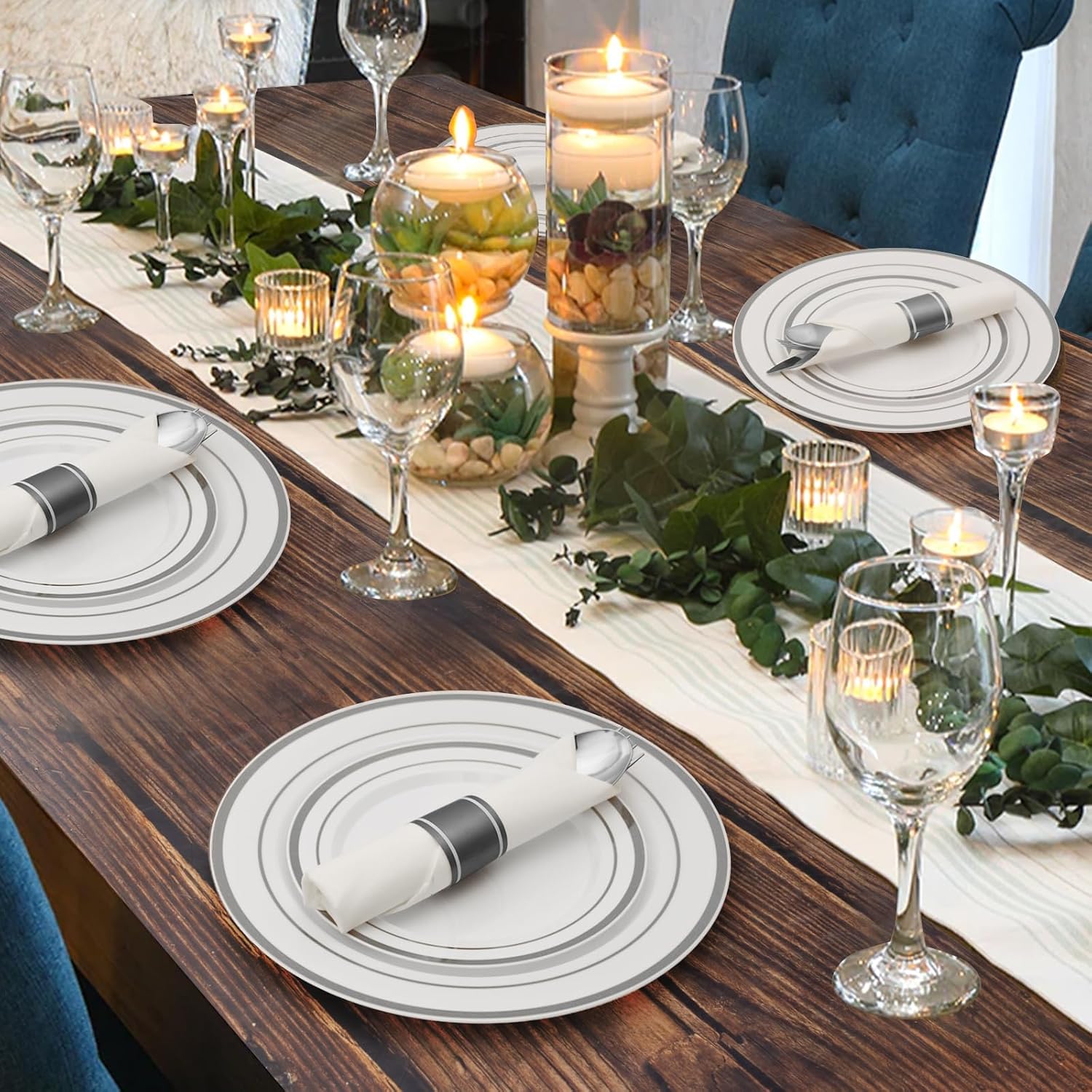 Goodluck 350 Piece Silver Plastic Dinnerware Set for 50 Guests, Fancy Disposable Plates for Party, Include: 50 Dinner Plates, 50 Dessert Plates, 50 Pre Rolled Napkins with Silver Silverware, 50 Cups - Image 6