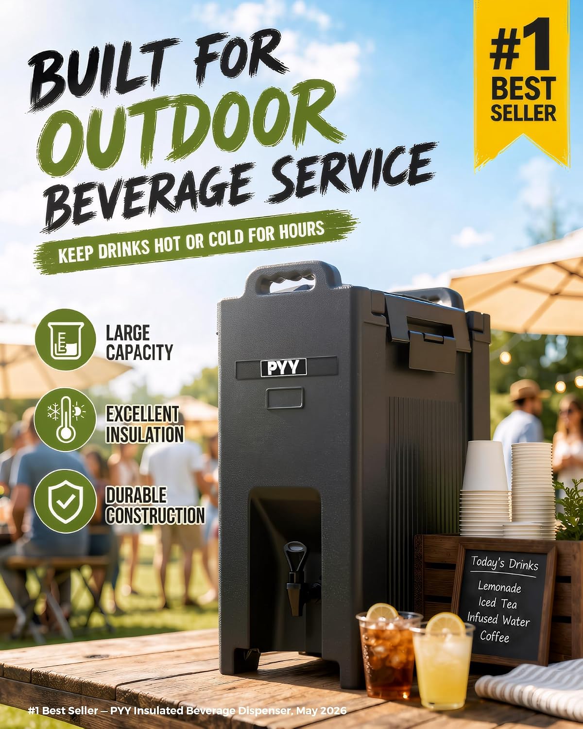 PYY Insulated Beverage Dispenser 5 Gallon - Hot and Cold Drink Container with Handles, Thermal Drink Dispenser Cooler Server carrier For Commercial Catering Black - Image 2
