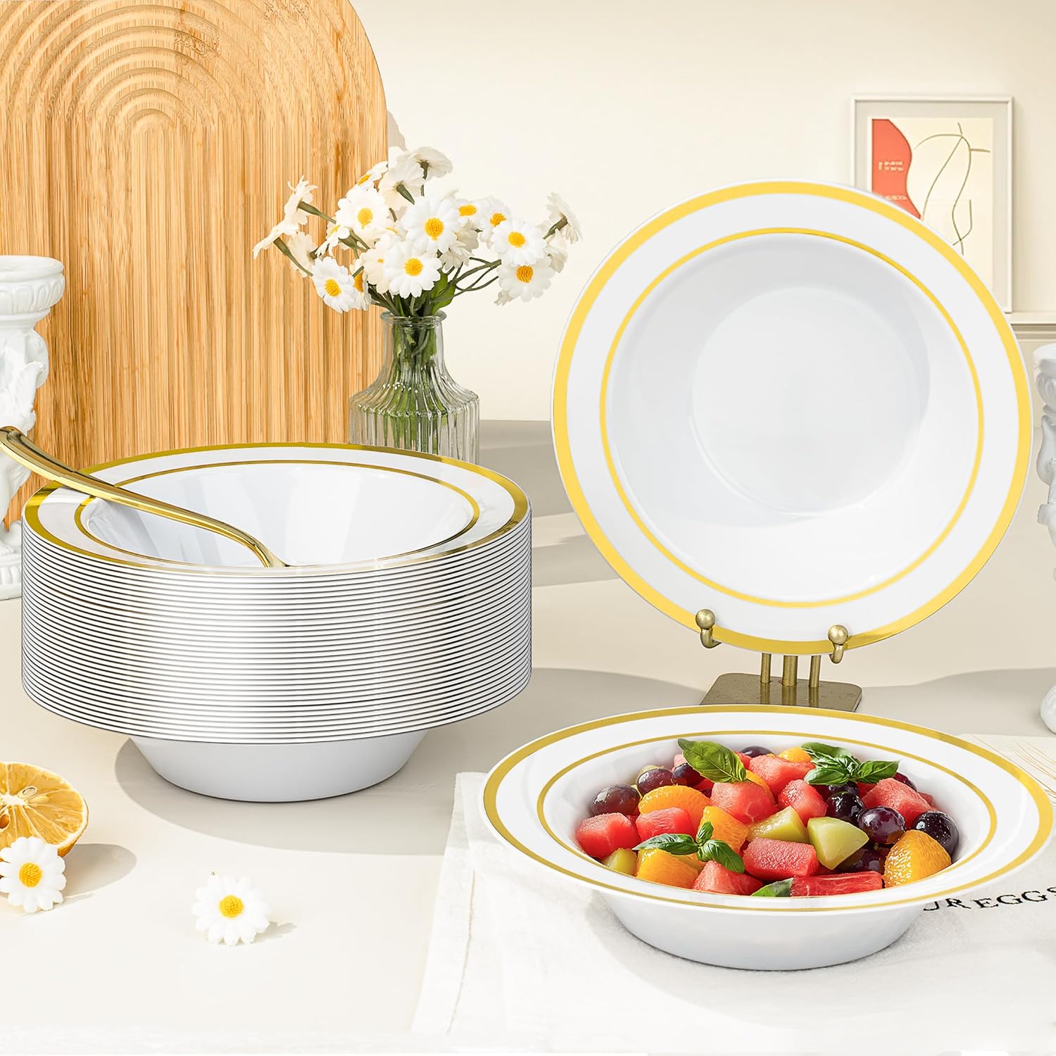 BESTVIP Gold Dinnerware Set for 100 Guests, Plastic Dinnerware Set for Party, Include: 100 Gold Dinner Plates, 100 Bowls, 100 Dessert Plates, 100 Plastic Silverware Set, 100 Cups, 100 Paper Napkins - Image 8