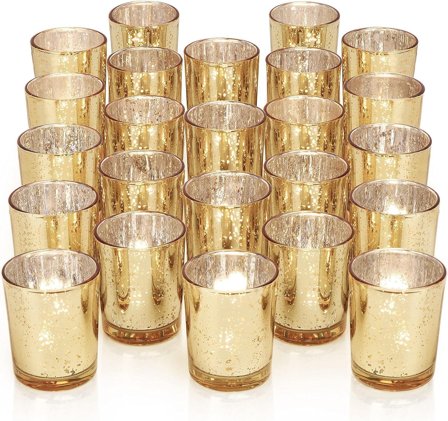 DARJEN 24 Pcs Gold Tea Lights Candles Holders for Wedding Centerpieces, Votive Candle Holders for Party Home Wedding Shower Decorations, Table - Mercury Glass Votives