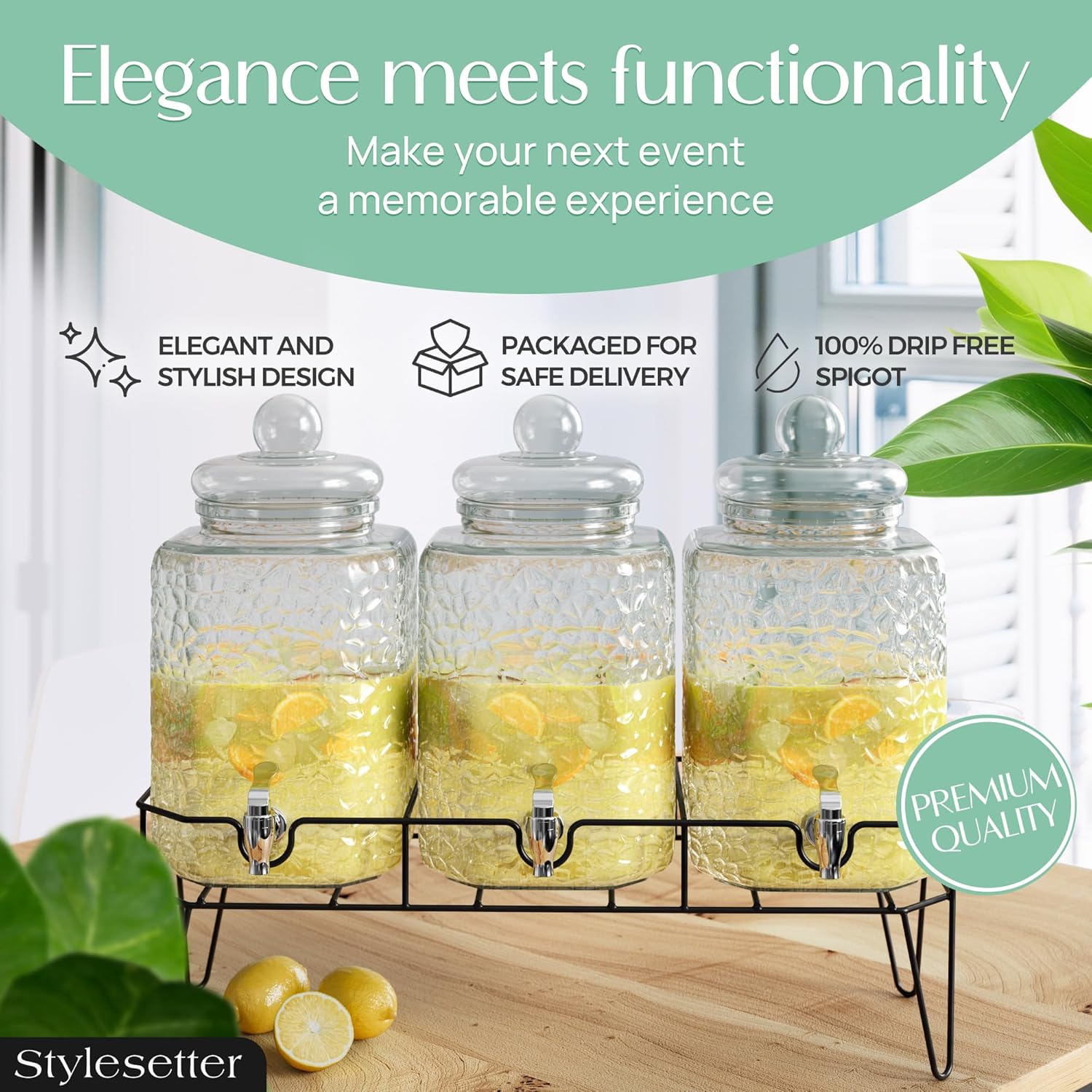 Style Setter Premium Glass Drink Dispensers with Metal Stand for Parties – Beverage Dispenser Set for Cold Drinks, Lemonade, Cocktails, Juice – Party Glass Drink Dispenser Station - 1.5 Gal, Set of 3 - Image 3