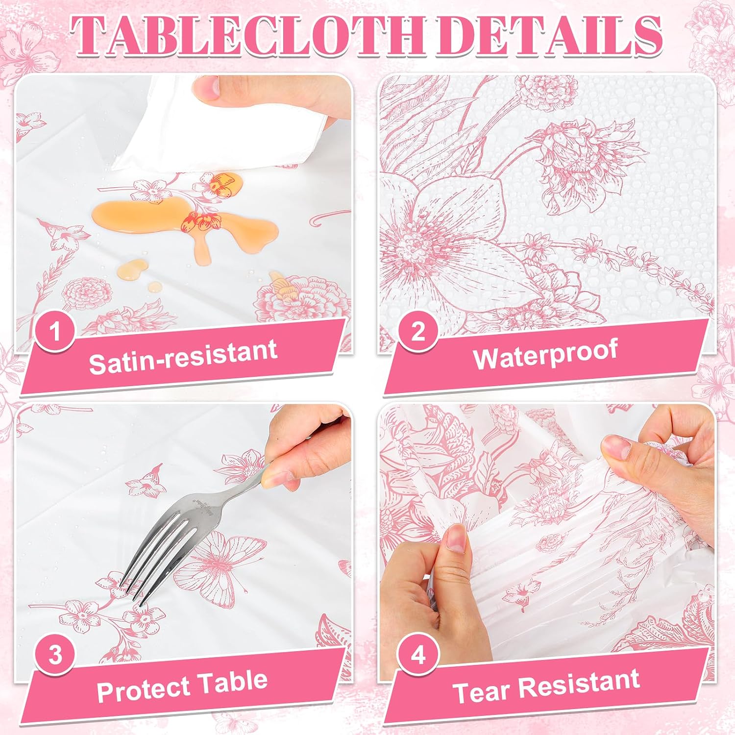 3 Pcs Pink Floral Plastic Tablecloths, 54 X 108Inch Tea Party Tablecloth Disposable Wedding Table Cloth Pink and White Porcelain Tables Decor for Garden Wedding Tea Party Birthday Baby Bridal Shower - Image 5
