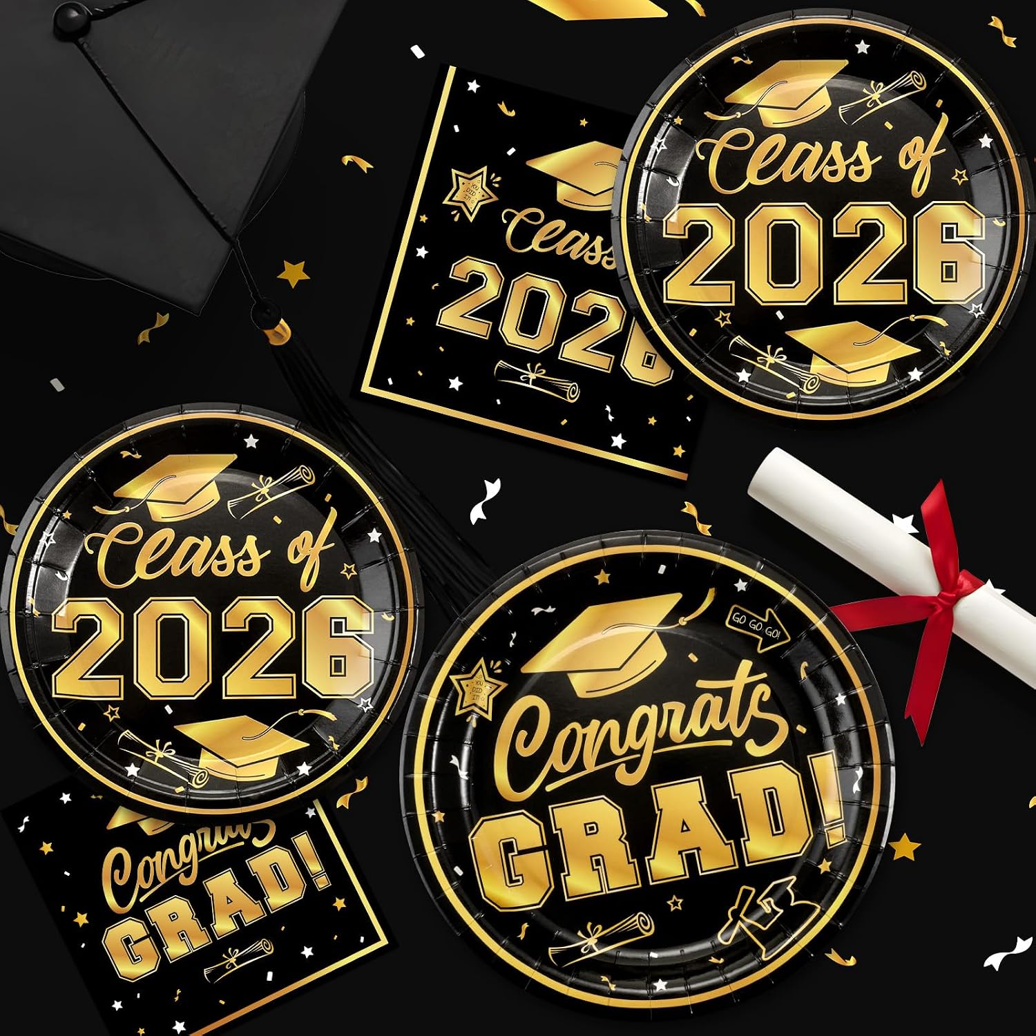 Litmitfu 150 Pcs Graduation Plates and Napkins 2026 - Black Gold Congrats Grad Class of 2026 Paper Dessert Dinner Plates Napkins Set for Graduation Party Decorations Supplies Table Decor, Serves 50 - Image 7