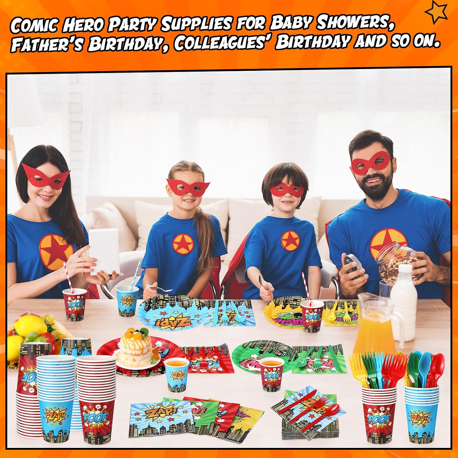 450 Pcs Hero Theme Tableware Set Decorations, Hero Action Themed Disposable Paper Plates Napkins Cups Cutlery Straws for Comic Birthday Baby Shower Party Supplies, Dinnerware Serves 50 - Image 4