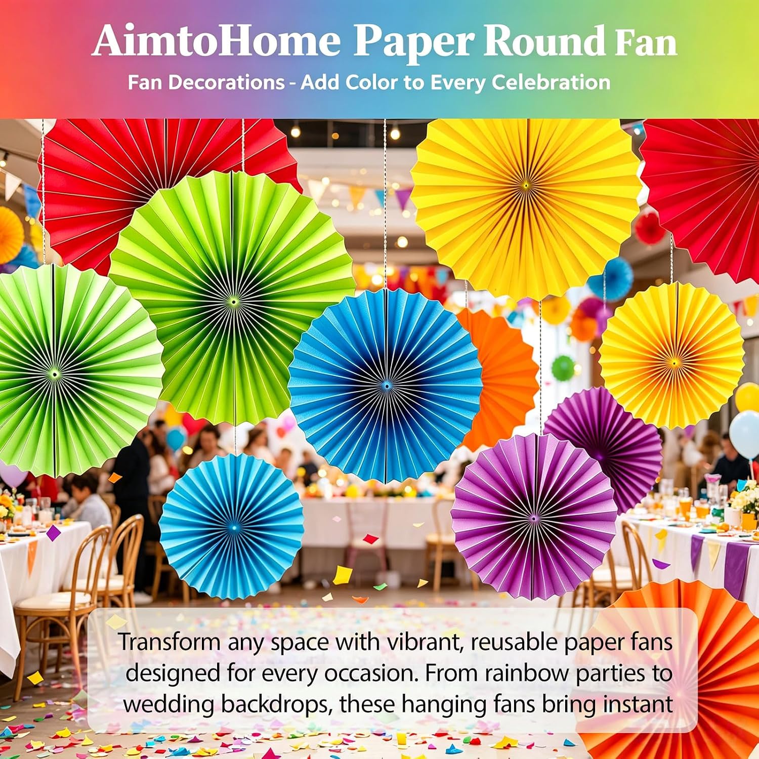 Rainbow Paper Round Fan Decorations,Vibrant Red Green Yellow Blue Orange Purple Hanging Fans, Fiesta Party Decor, Wedding Birthday Backdrop, Back to School Decor, Set of 12, 10", 12" - Image 8