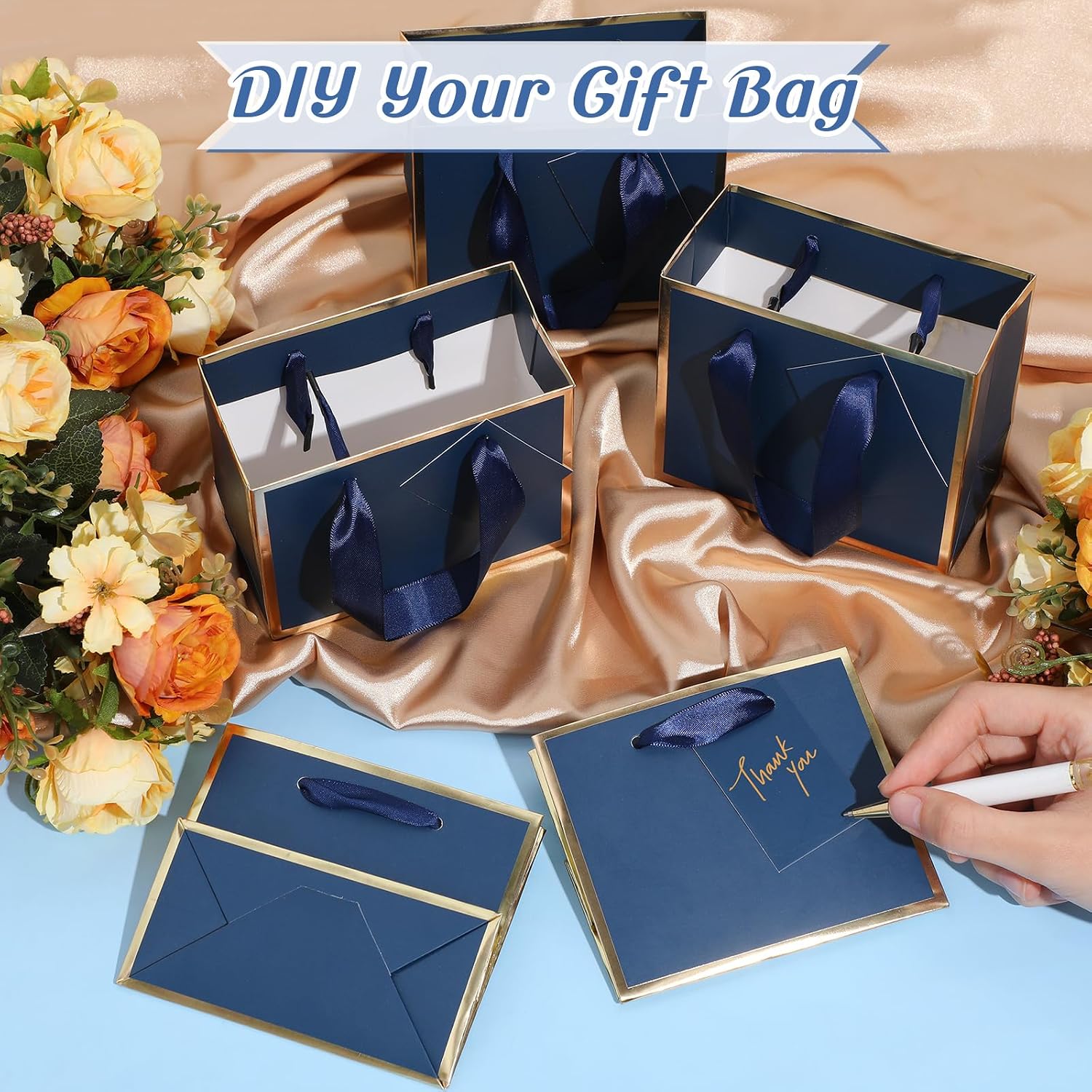 Yeaqee 50 Pcs Mini Metallic Paper Gift Bags with Handle 4.75x2.25x4'' Small Gift Bag DIY Tag Thank You Party Favor for Summer Wedding Baby Shower Birthday Back to School Jewelry (Navy Blue,Gold) - Image 4