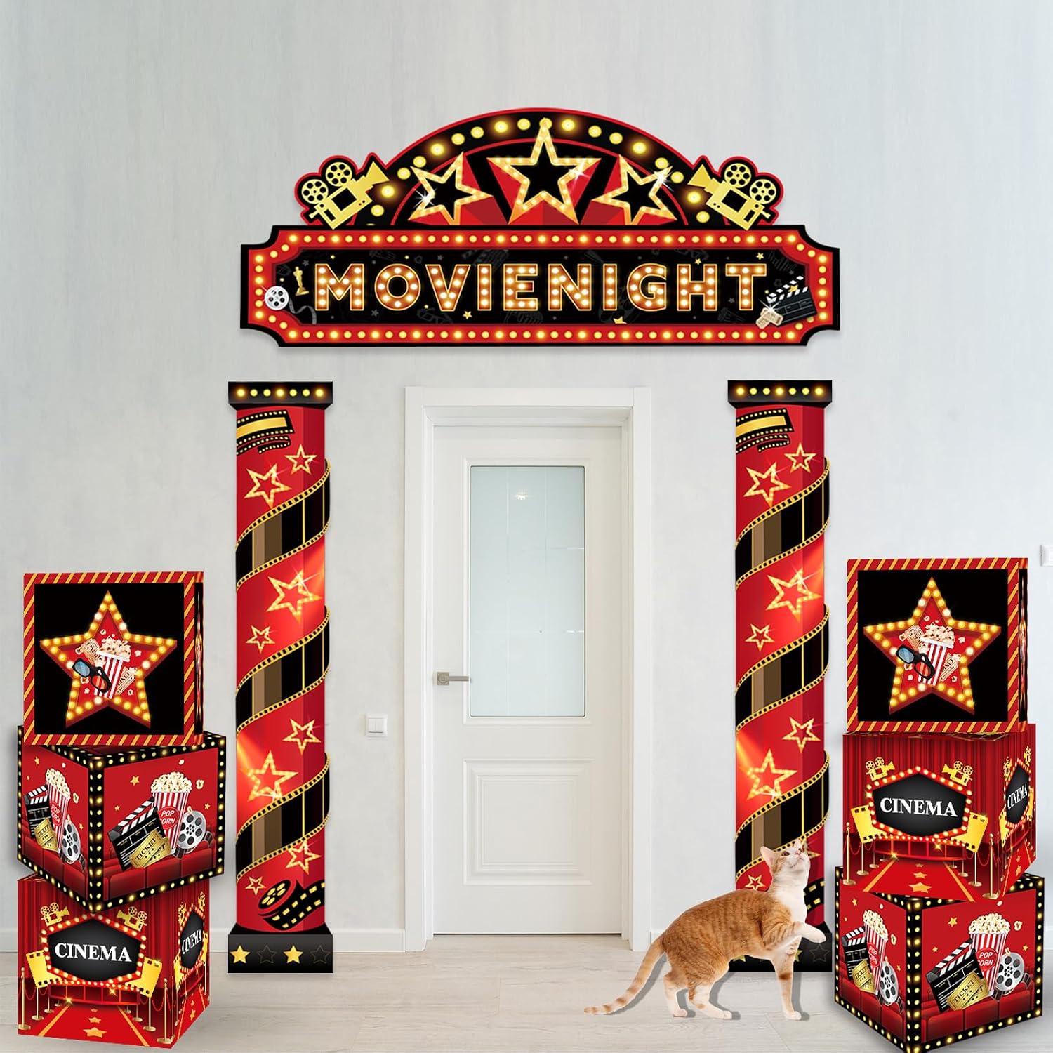 10 Pcs Movie Themed Party Decorations Porch Sign Banner with 6 Movie Party Decor Boxes, Movie Night Decorations Red Carpet Party Decoration for Home Film Backdrop, Birthday Supplies - Image 7