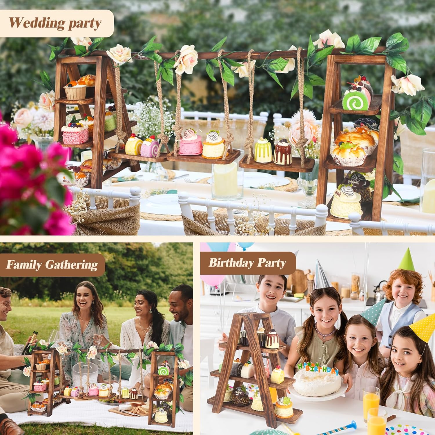 Wisreach Upgraded Large Wooden 3 Tier Swing Cupcake Stand with Flower Decor, Removable Trays, Foldable Ladder Display for Cake, Snacks, Fruit, Bread, Party & Catering Centerpieces - Image 7