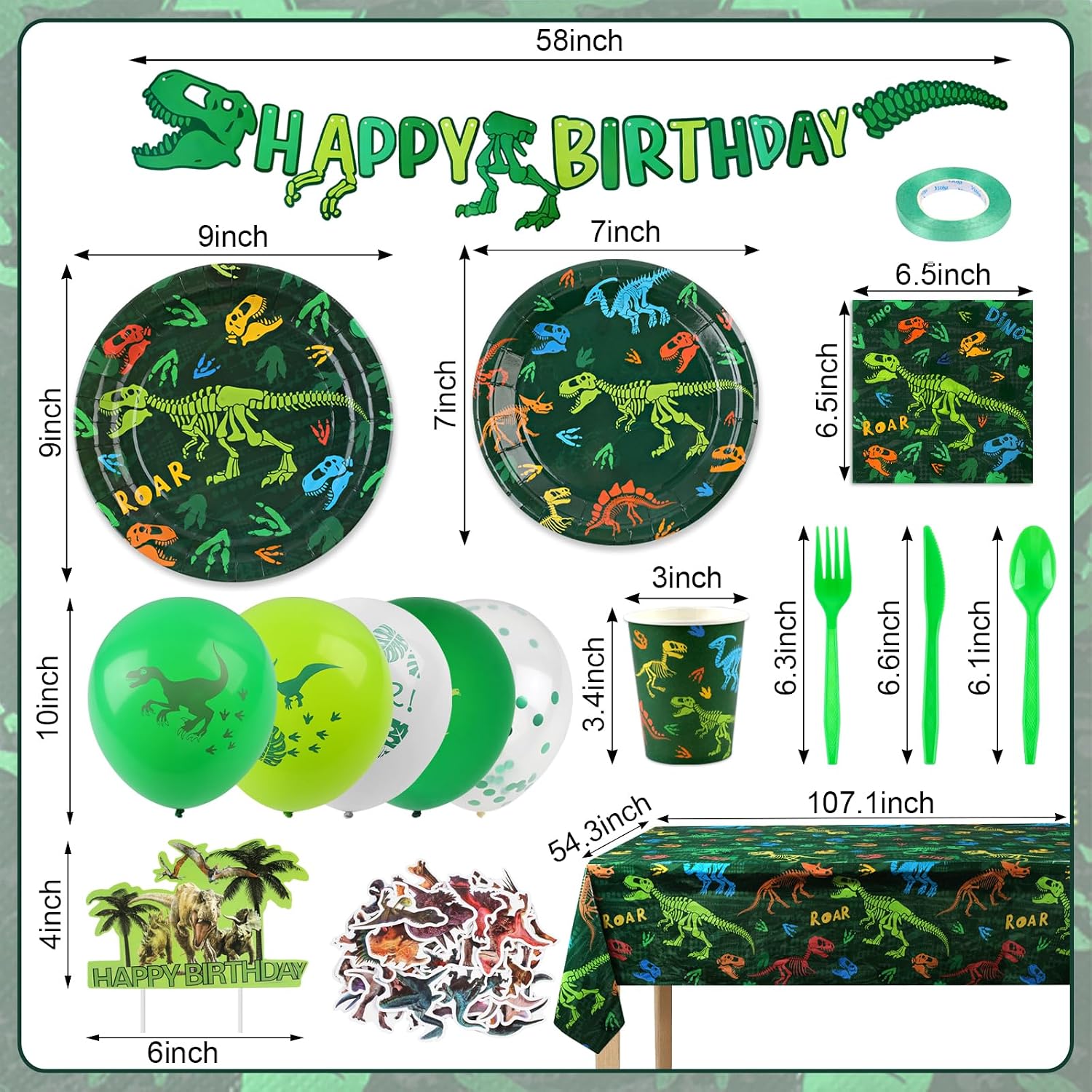 208pcs Dinosaur Birthday Party Decorations For Boys, Dinosaur Themes Birthday Party Supplies Serve 20 with Disposable Plates,Napkins,Cups,Cutlery Set, Banner,Tablecloth,Cake Topper,Ballons,Stickers - Image 4