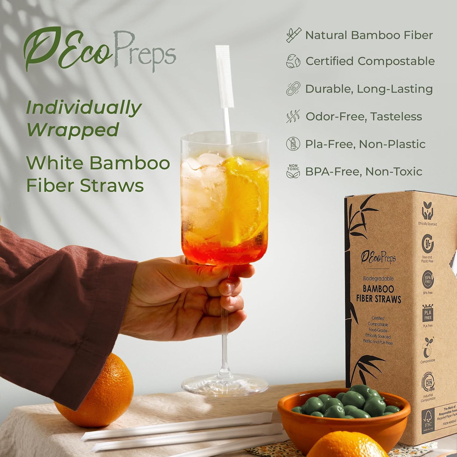 EcoPreps Biodegradable Bamboo Fiber Straws, Plastic-Free Individually Wrapped Straws | 100 Count, 100% Compostable, Eco-Friendly Drinking Straw | 7.8'' Plant Fiber Disposable Straw in White Paper Wrap - Image 2