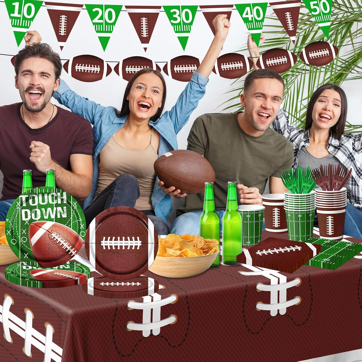 Football Party Supplies Kit Serve 25, 178Pcs Football Theme Party Decorations Includes Football Plates and Napkins Cups Banner Tablecloth for Football Birthday Game Day Tailgate Party Decorations - Image 4