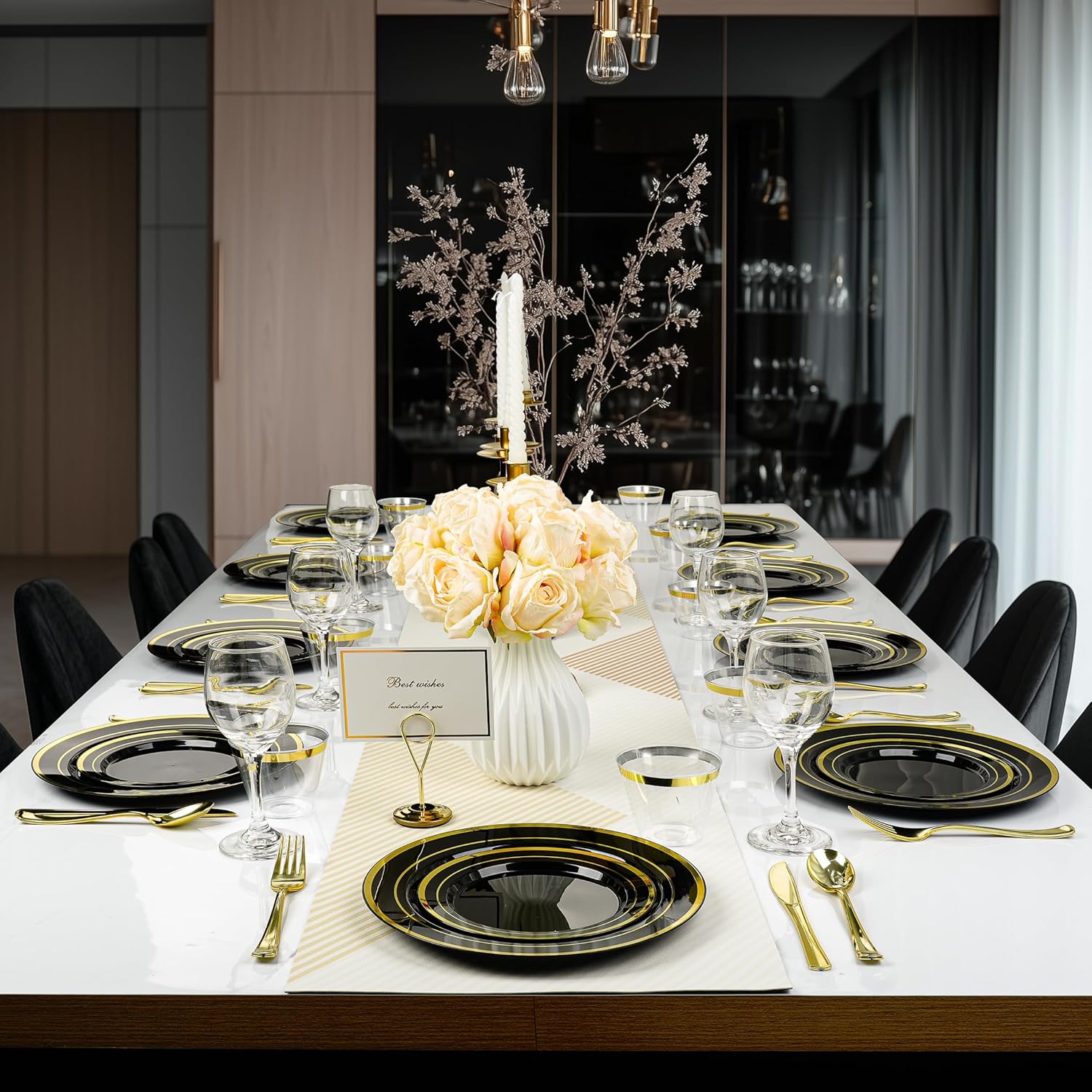 BESTVIP 600PCS Black Gold Dinnerware Set for 100 Guests, Plastic Plates for Halloween Party and Christmas, 100 Disposable Plates, 100 Dessert Plates, 100 Cups, 100 Spoons, 100 Forks and 100 Knives - Image 6