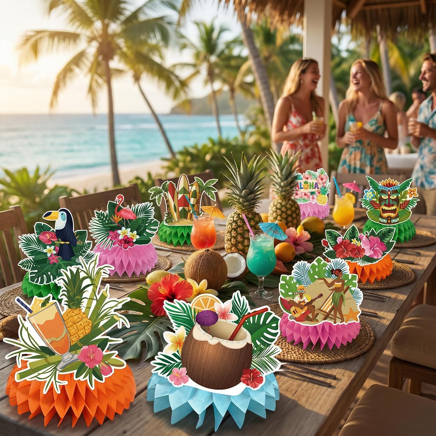 Luau Party Decorations - 9 PCS Hawaiian Honeycomb Table Centerpiece for Tiki and Love Island Hawaiian Theme Party Favors Supplies | Tropical Party Decorations for Summer Beach Pool Birthday Wedding - Image 4