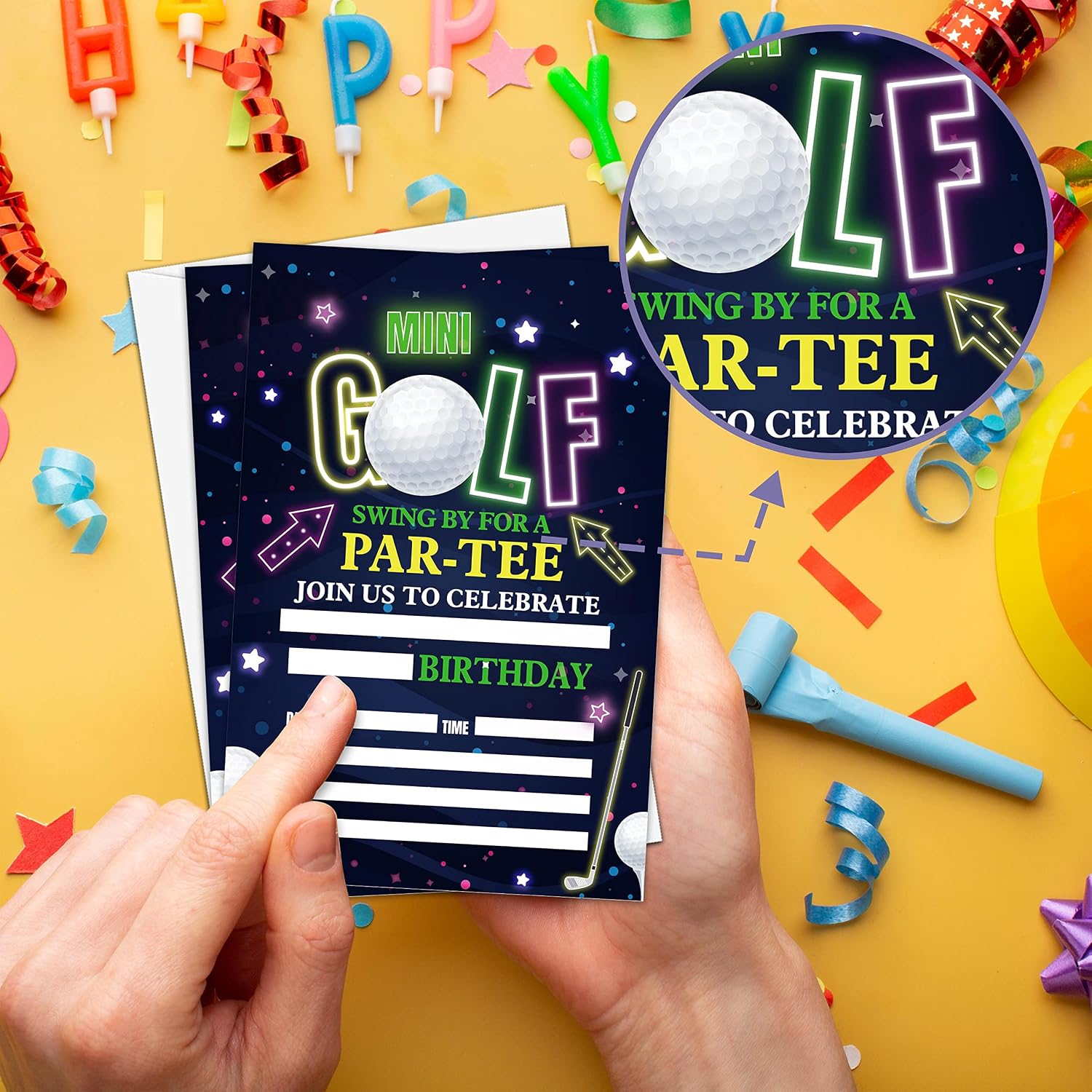 Golf Birthday Party Invitation, Mini Golf Themed Fill-In Invites, 20 Invitations With Envelopes for Friends (4" X 6"), Neon Glow Party Favors Decorations and Supplies -47 - Image 3