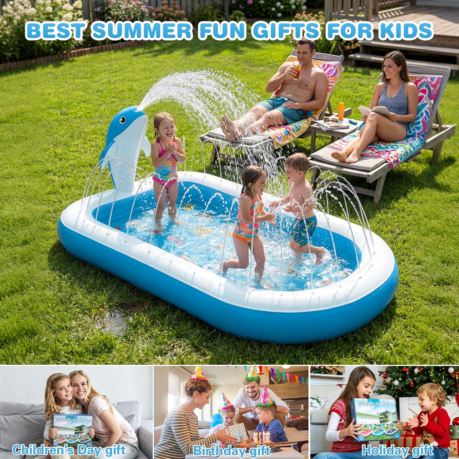 Splash Pads for Toddlers 1-3, Dolphin Toy Sprinkler for Kids, Outdoor Play Mat for Babies, 68" Backyard Inflatable Kiddie Pool, Splash Pad for Kids Ages 4-8, Birthday Gifts for 1 Year Old Boy Girl - Image 8