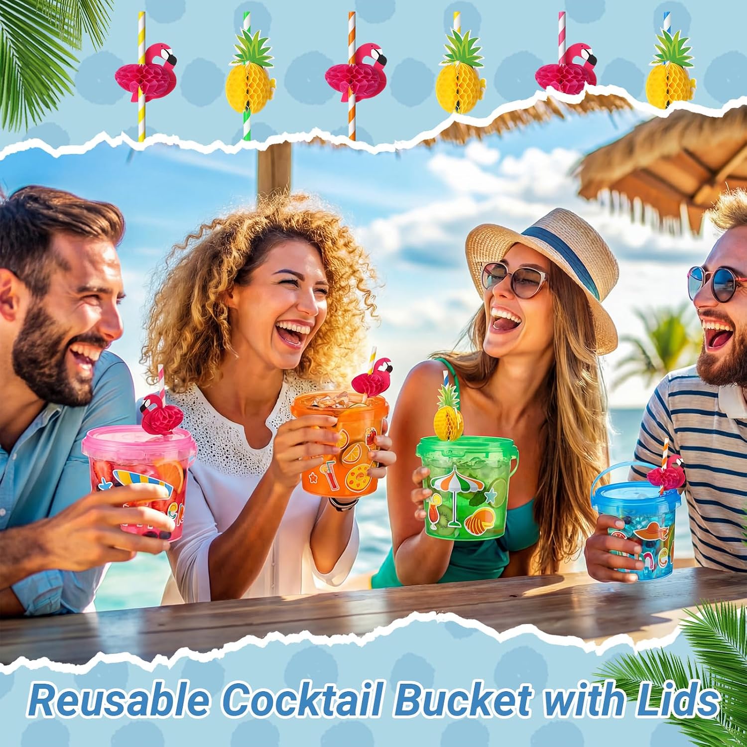 24 Pcs 32 oz Tropical Drink Buckets with Lids and Handles Summer Plastic Drink Bucket with Flamingo Pineapple Straw Reusable Rum Cocktail Bucket with Lids Punch Bowls for Luau Party Beach - Image 6