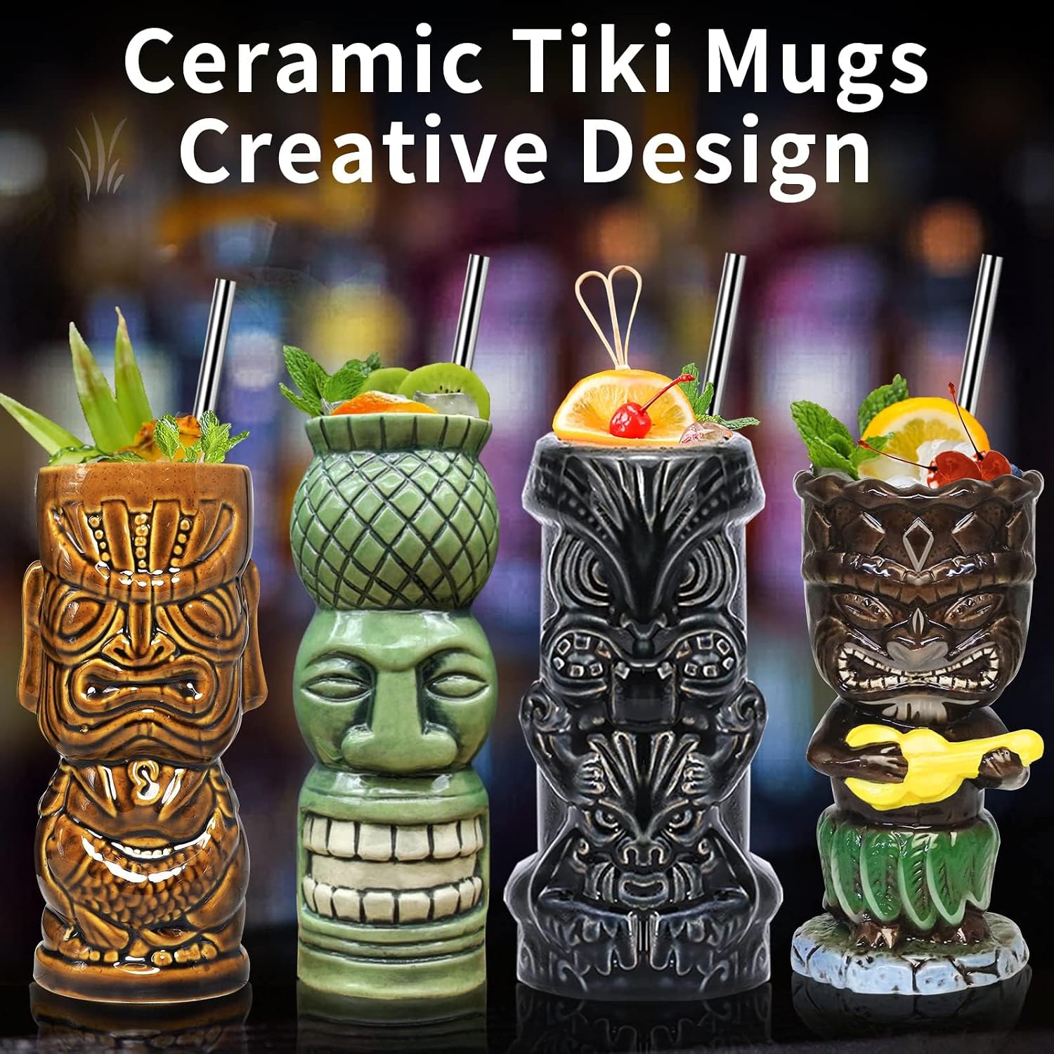 SuproBarware Tiki Glasses for Cocktails Mugs Set of 4 Ceramic Party Cups Bar Decor Creative Large Hawaiian Drinking Bar Decorations Vintage Tropical Drinkware Barware 4 Packs - Image 2