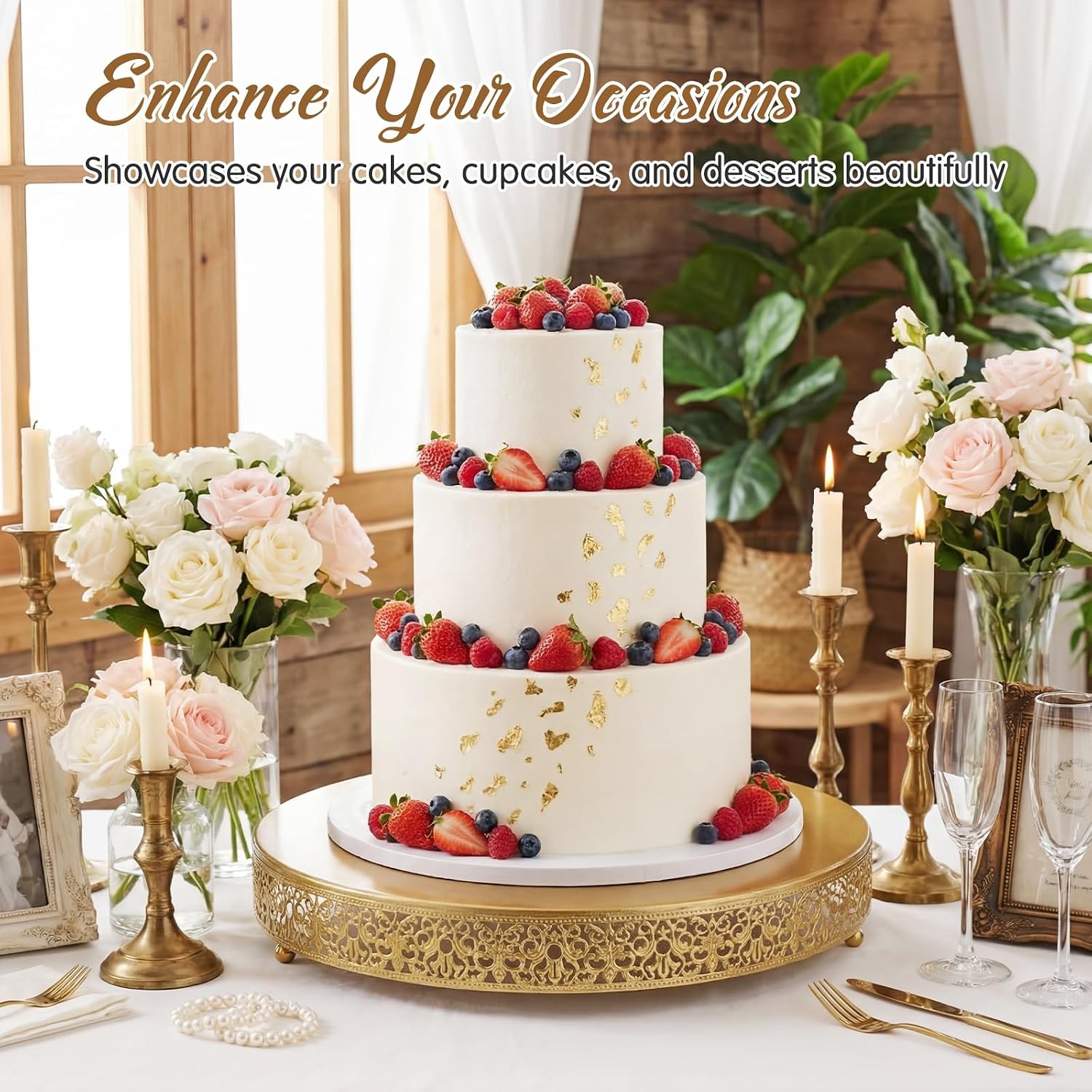 Wenqik 20 Inch Gold Cake Stand Set Metal Round Cupcake Dessert Stand with Cake Cutting, Spatula Wedding Cupcake Pastry Display Candy Holder Display for Wedding Party Birthday Baby Shower(Classic) - Image 6
