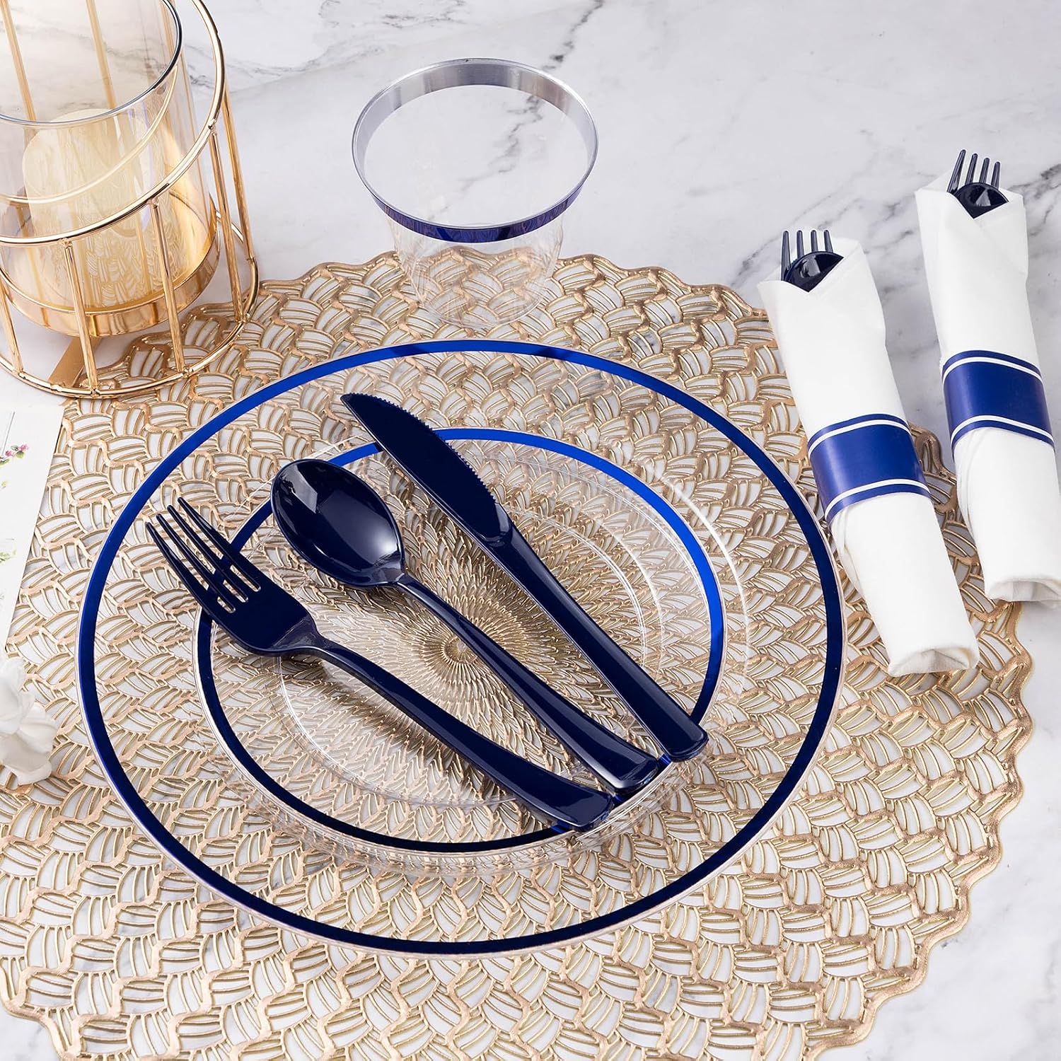Goodluck 350 Piece Dark Blue Plastic Dinnerware Set for Party, Clear Disposable Plates for 50 Guests, Includes 100Plates, 50 Pre Rolled Napkins with Cutlery Set, 50 Cups, for Graduation, Birthday - Image 2
