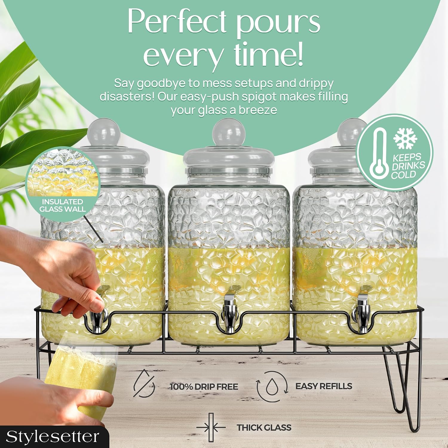 Style Setter Premium Glass Drink Dispensers with Metal Stand for Parties – Beverage Dispenser Set for Cold Drinks, Lemonade, Cocktails, Juice – Party Glass Drink Dispenser Station - 1.5 Gal, Set of 3 - Image 7