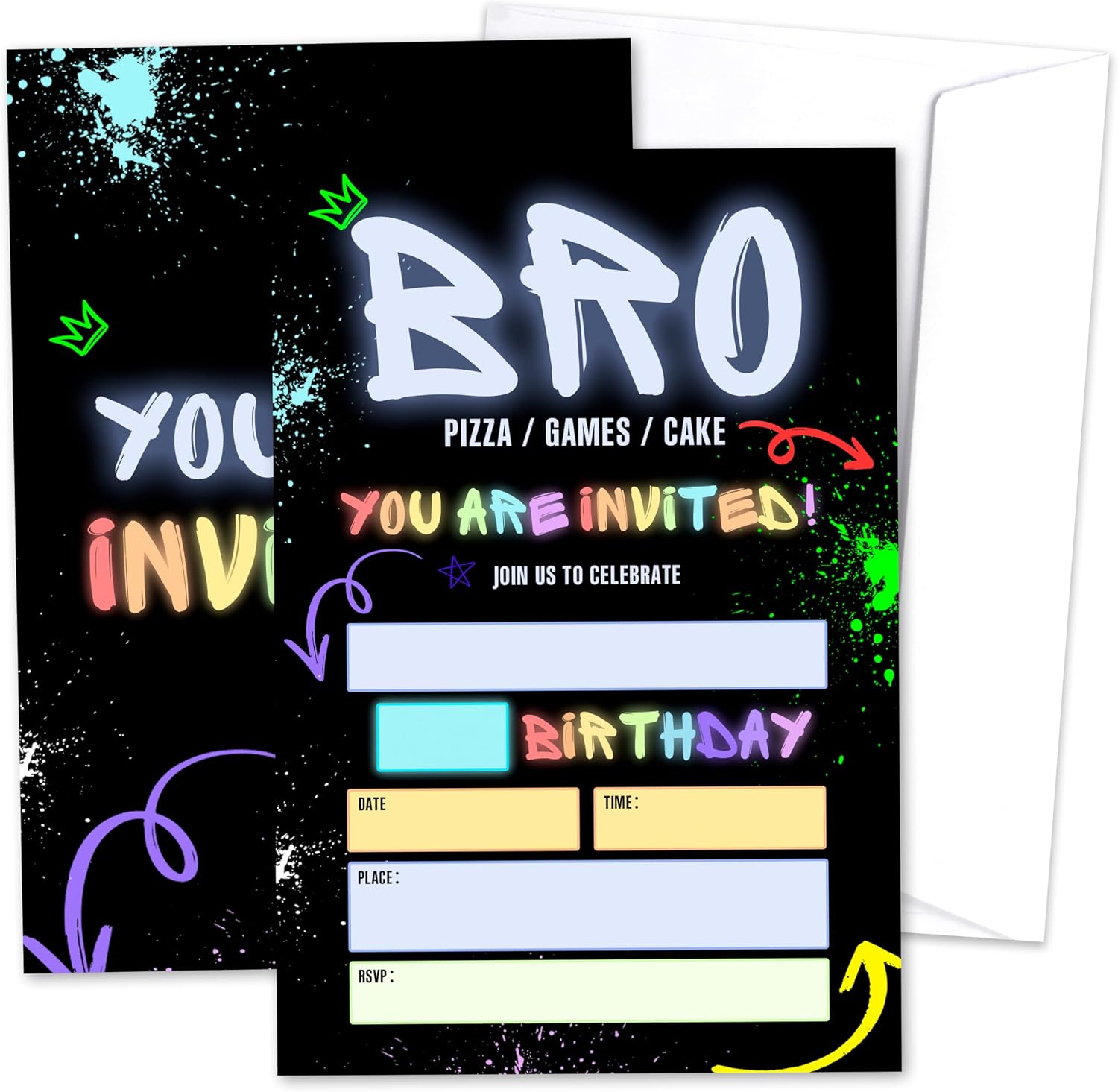Bro Birthday Invitation For Boys, Glow Fill-In Invites Card For Birthday Party, Neon Light Birthday Cards For Kids Teen, Boys Birthday Party Decoration Supplies, 20 Cards With Envelopes -01