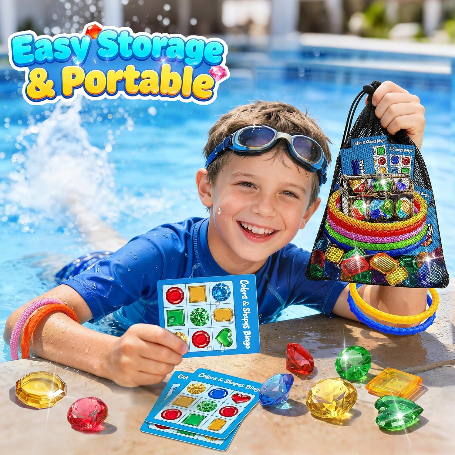 DISHIO Pool Diving Toys for Kids, Underwater Treasure Hunt Game with Pirate Chest, Diving Rings, 56PCS Gems, 40PCS Game Bingo Cards and Mesh Bag Swimming Pool Games Summer Toys for Boys Girls 4-12 - Image 6