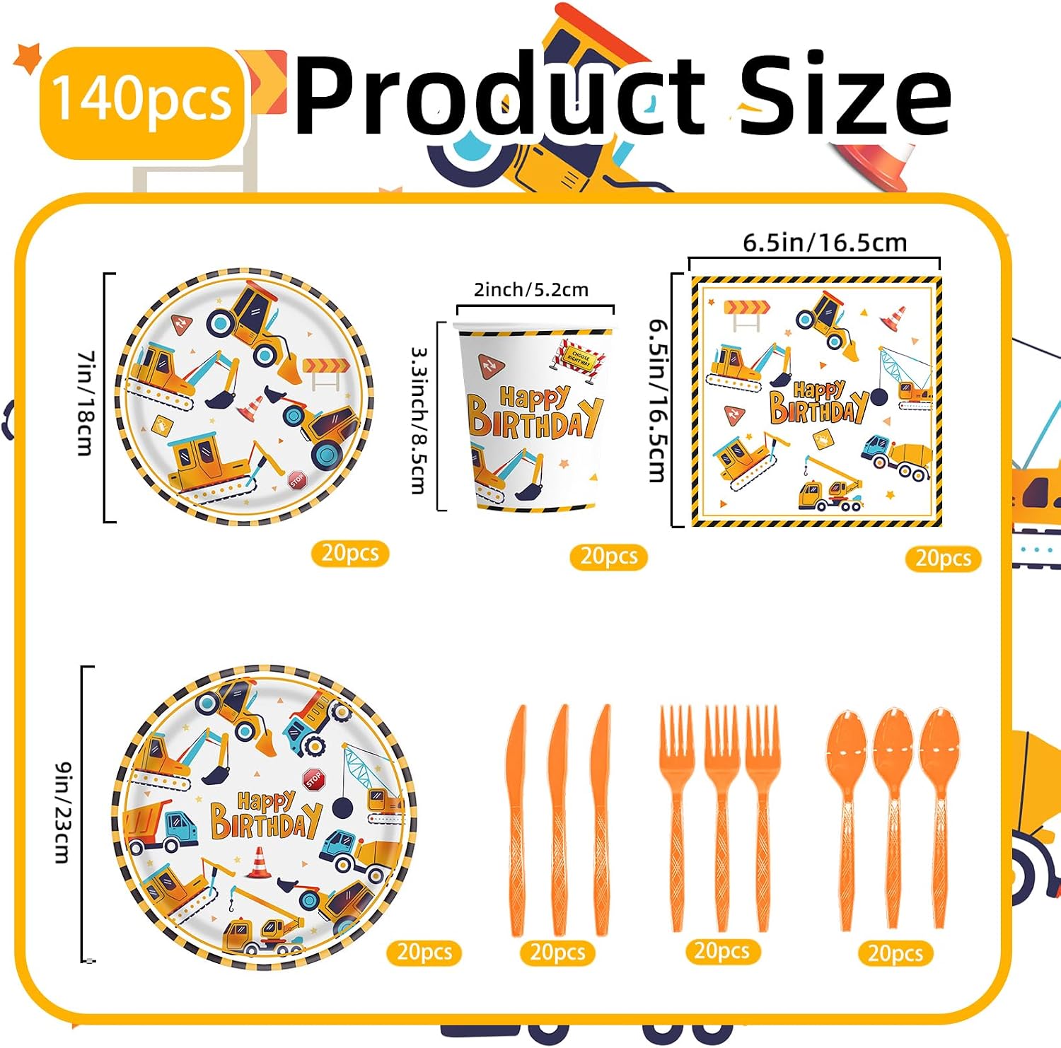 140PCS Construction Birthday Party Supplies Construction Theme Decorations Includes Plates, Cups, Napkins, Cutlery, Perfect for Boys Kids Birthday Party, Serves 20 Guests - Image 2