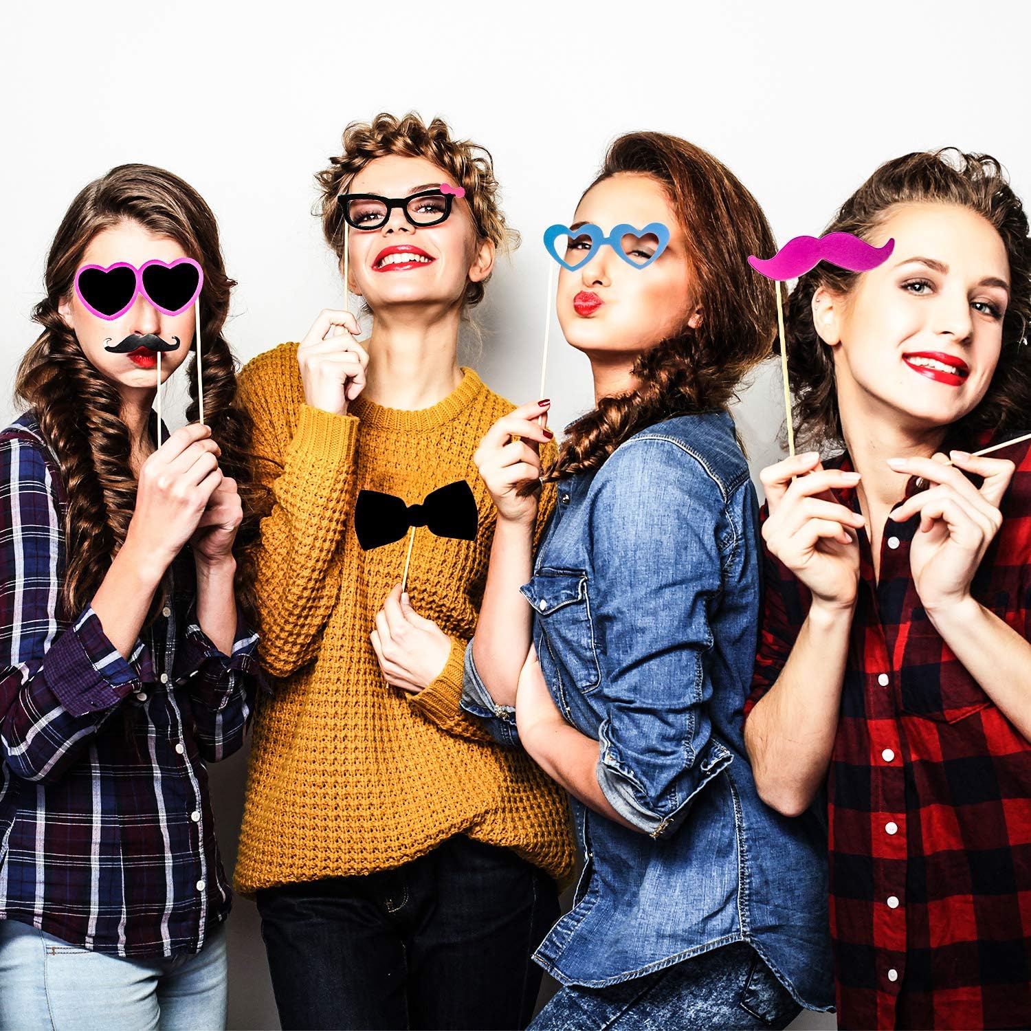 Gejoy 60 Pcs Photo Booth Props DIY Kit Funny Selfie Props Accessories for Grad Wedding Prom Party Supplies Favors with Mustache on a Stick, Hats, Glasses, Mouth, Bowler, Bowties(Classic) - Image 6