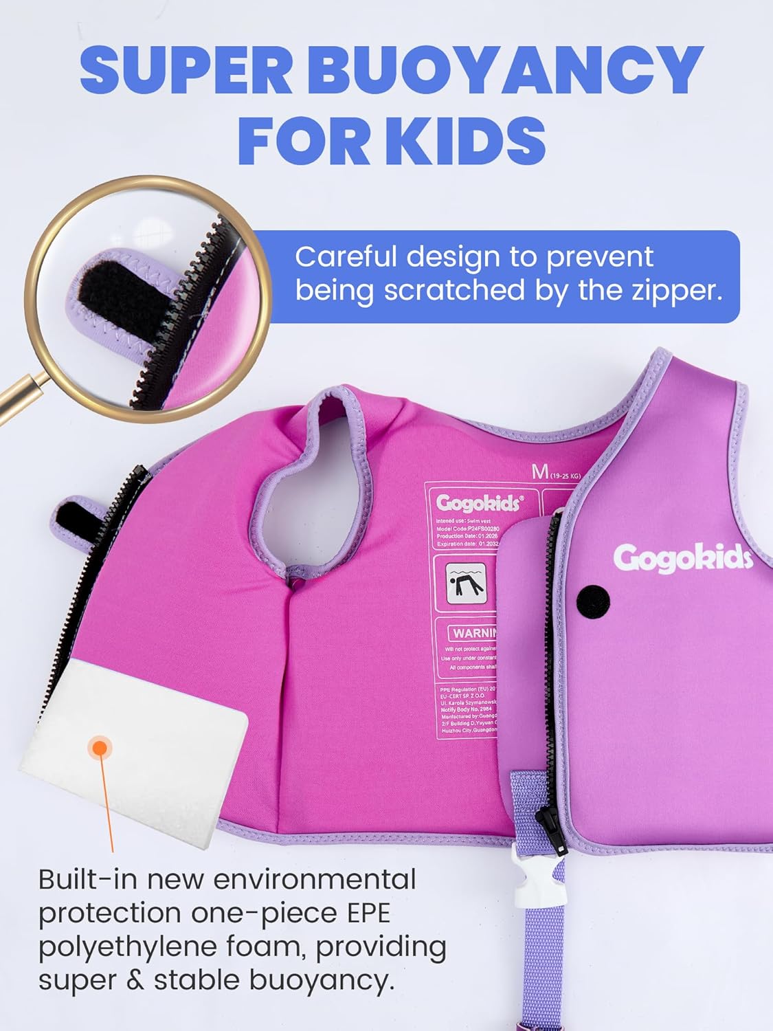 Gogokids Toddler Swim Vest Pool Floaties for Kids 1-2-3-5-6-9-12 Yrs, Neoprene Swimming Jacket w/Adjustable Strap & Zip, Kids Pool Float Jacket 30-50-70-90 Pounds for Boys Girls Youth Teens - Image 5