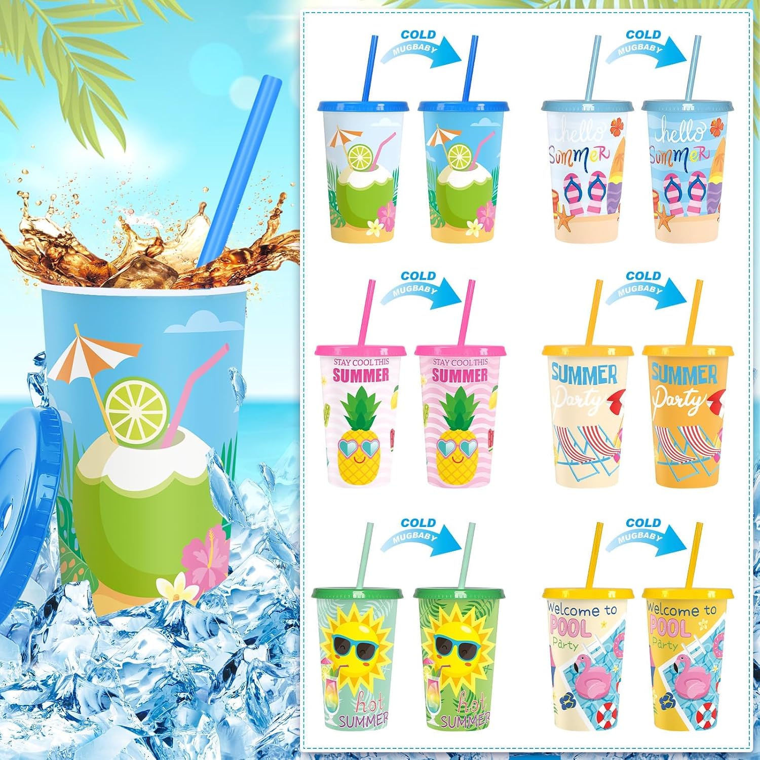 Jansun 12pcs Summer Party Color Changing Cups with Lids and Straws Beach Party 12Oz Reusable Plastic Cups Beach Ball Pool Party Favors Goodie Cups for Hawaiian Tropical Festival Supplies - Image 4