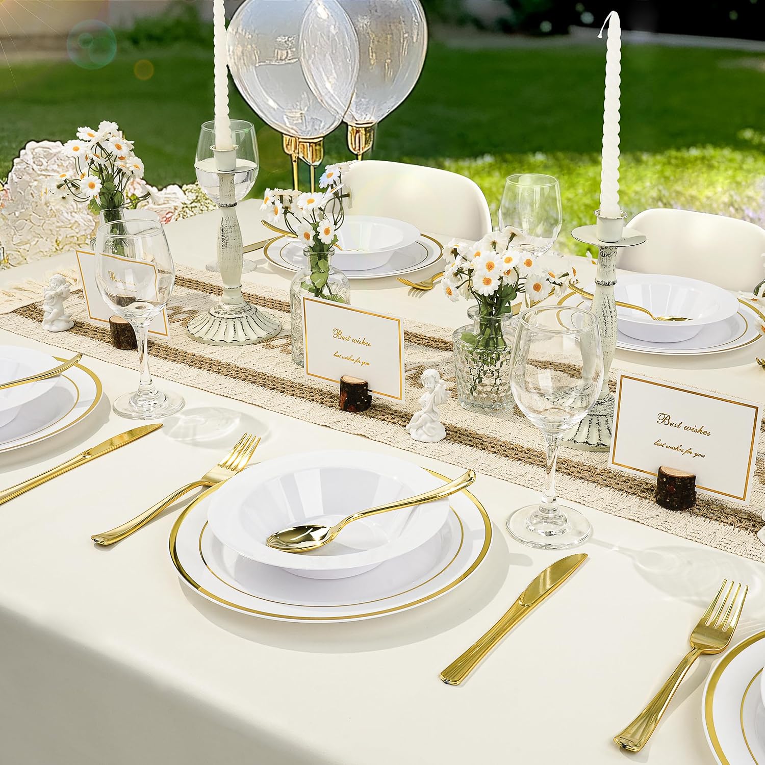 BESTVIP Gold Dinnerware Set for 100 Guests, Plastic Dinnerware Set for Party, Include: 100 Gold Dinner Plates, 100 White Bowls, 100 Dessert Plates, 100 Silverware Set, 100 Cups, 100 Paper Napkins - Image 9