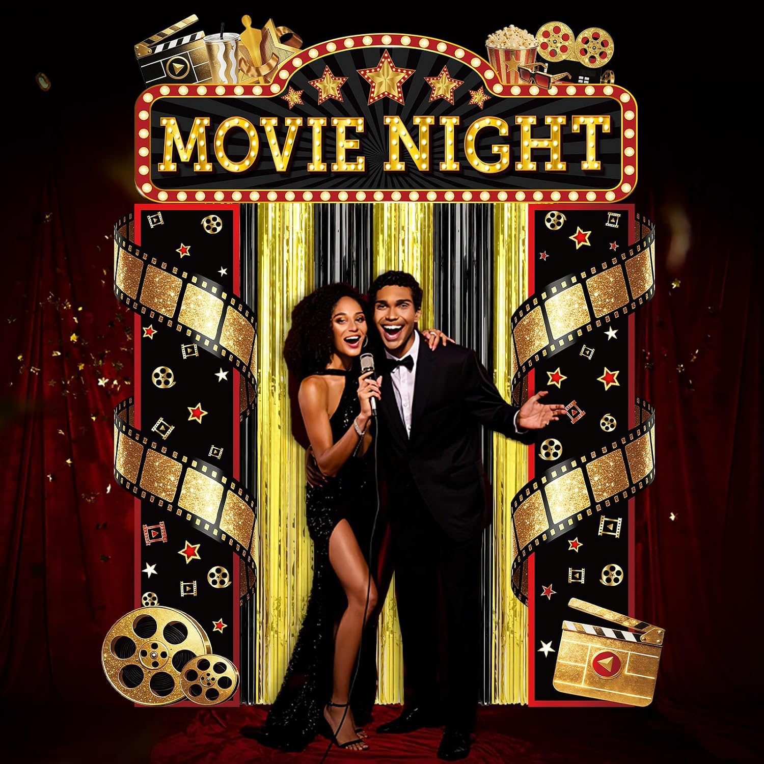 5Pcs Movie Night Porch Banner with Black and Gold Foil Fringe Film Themed Backdrop VIP Entrance Photography Background Red Carpet Party Decor for Graduation Home Outdoor Birthday Party Supplies(Movie) - Image 6