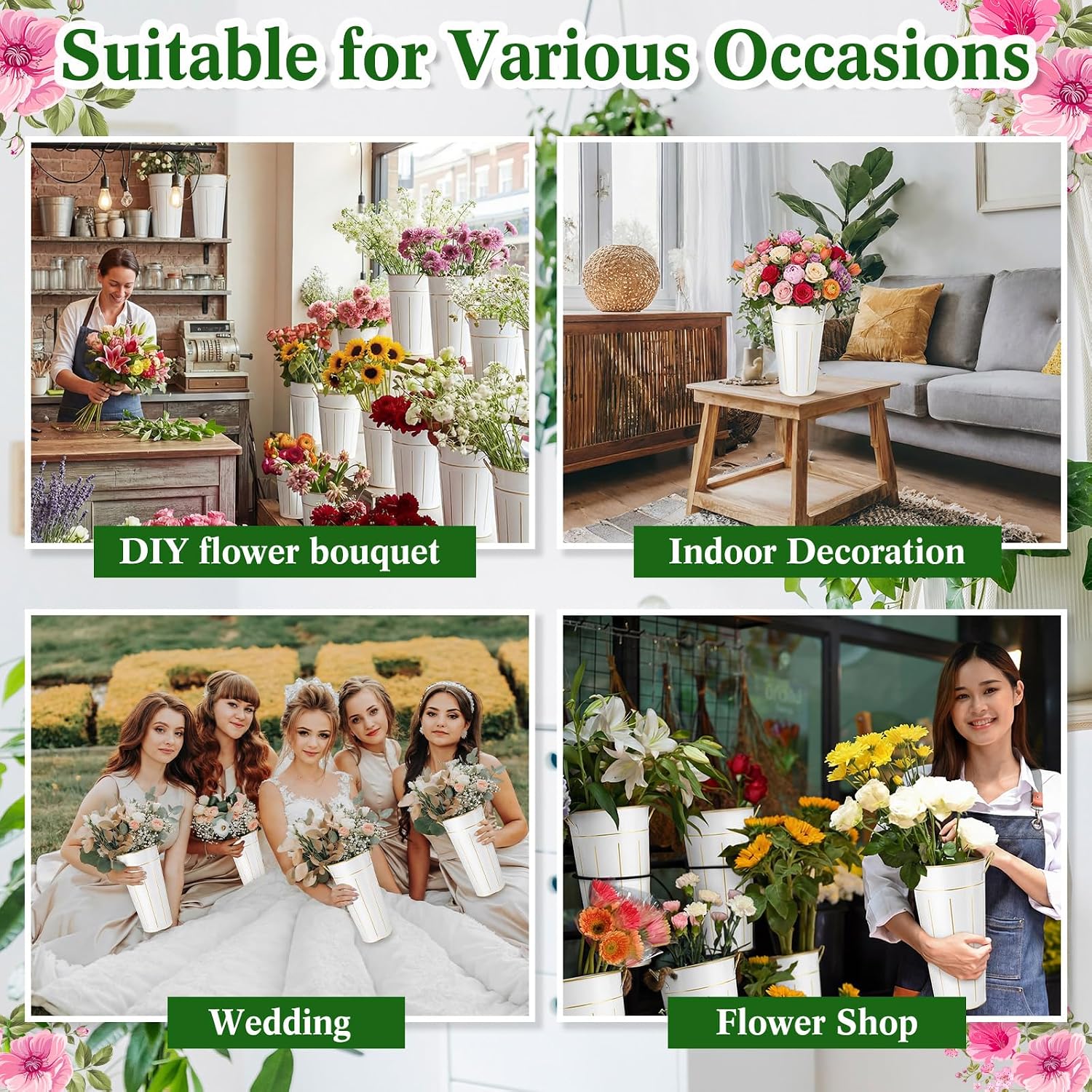 LemonRoad 56 Pcs Flower Bar Buckets Set Kit 6 Pcs Galvanized Bucket Bar 50 Packs Paper Gift Bags for Wedding, Bridal Shower, Graduation Birthday Table Centerpiece(Handheld,Galvanized Iron,11.8 Inch) - Image 6