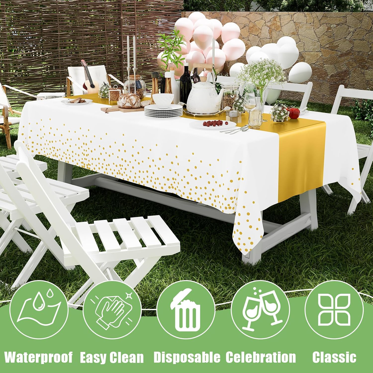 Smiry Plastic Table Cloth Disposable 3 Pack, 54 x 108 Inch Rectangle Waterproof Tablecloth, Printed Gold Table Runner Style for Birthday Weeding, Party Decorations, Leakproof & Sturdy, White and Gold - Image 4