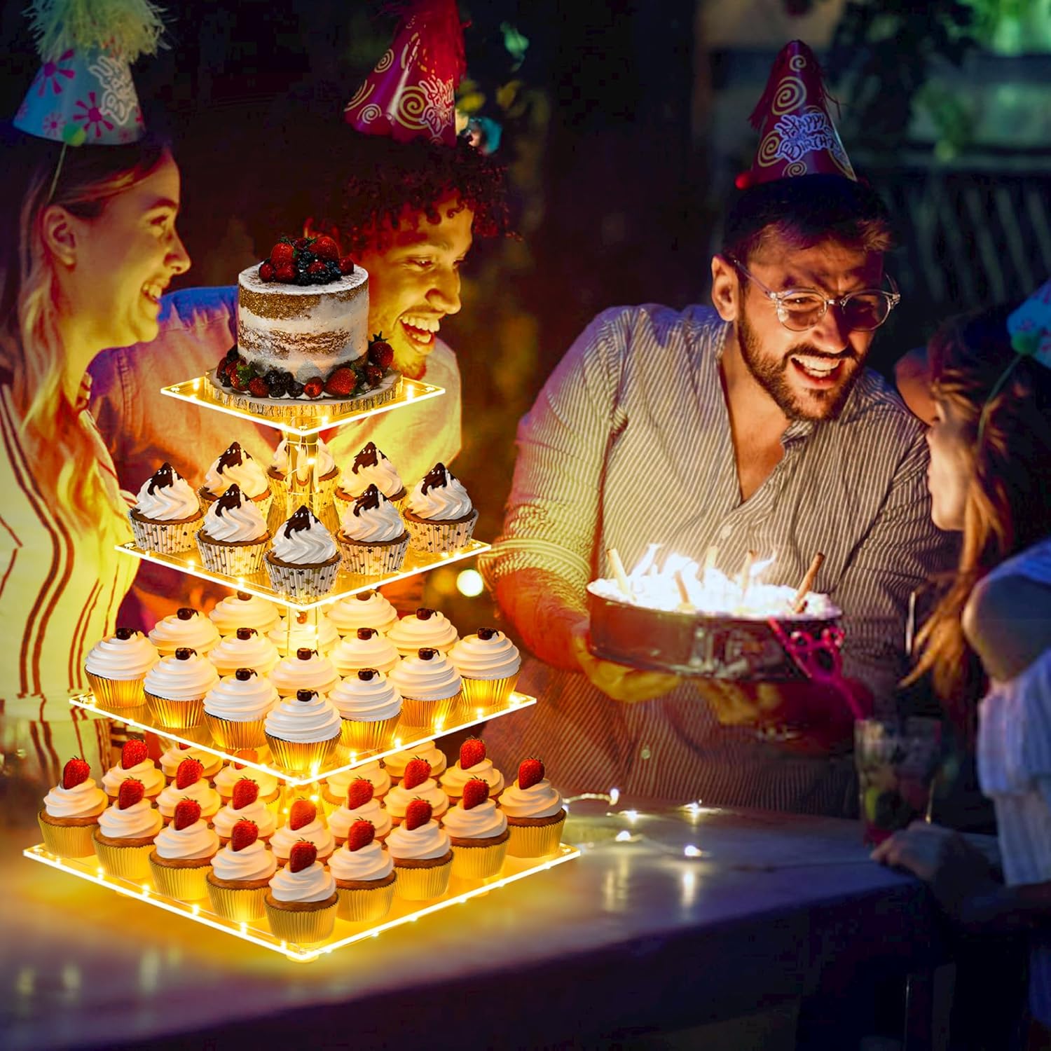 YestBuy Cupcake Stand with Yellow LED Lights, 4 Tier Cupcake Stand for 50 Cupcakes, Acrylic Cupcake Tower Stand, Clear Tiered Cupcake Holder for Birthday Candy Bar Décor Weddings, Parties Events - Image 2