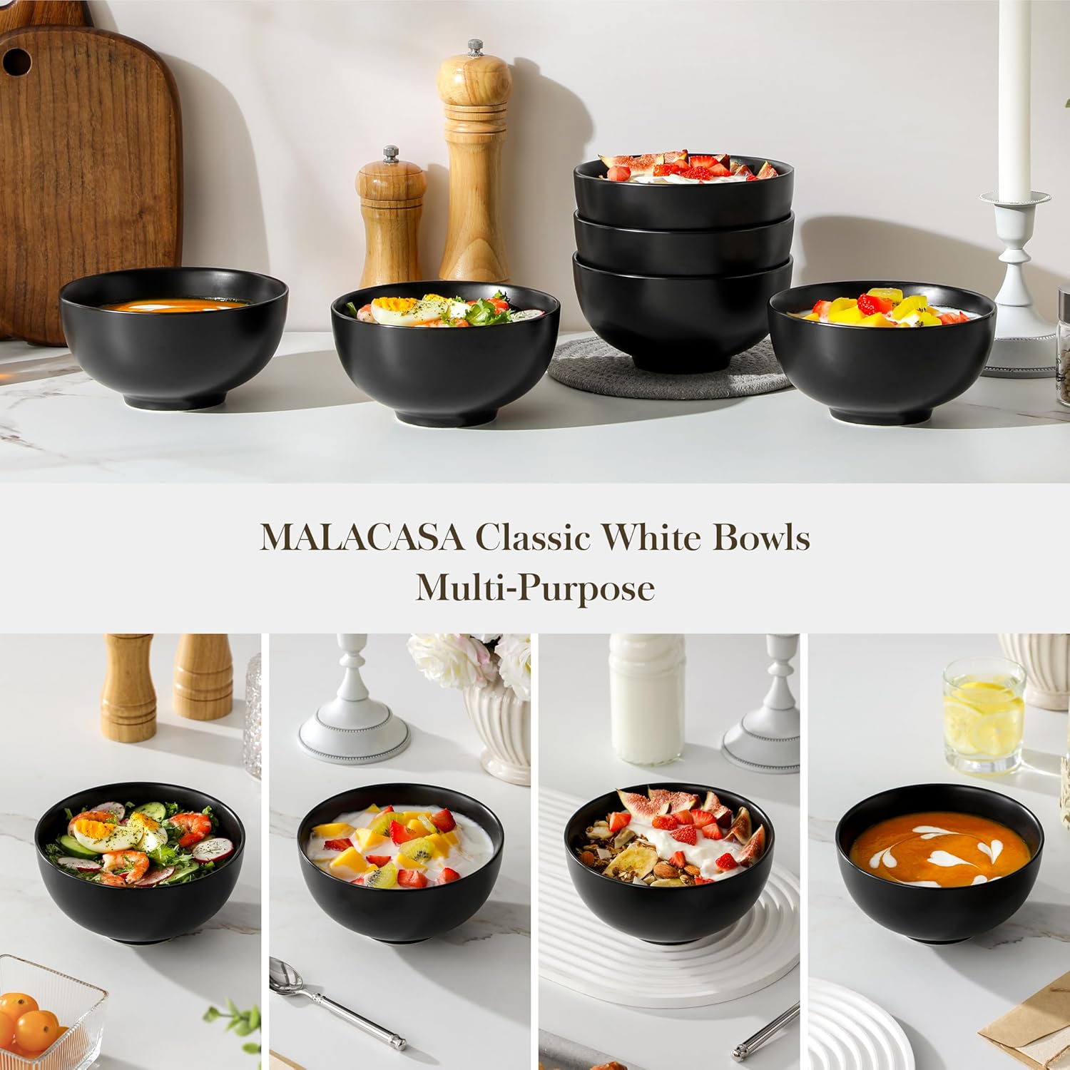 MALACASA 26 Qz Porcelain Soup Bowls, White Ceramic Cereal Bowls for Kitchen 6 inch Bowls Set of 6 for Oatmeal Salad Fruit Rice Dishwasher and Microwave Safe, Series Regular - Image 6