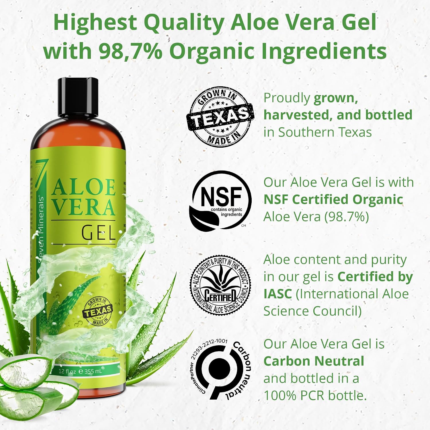 Seven Minerals Aloe Vera Gel with Freshly Cut Pure Organic Aloe - Big 12oz - Texas Grown, HighestQuality, Vegan, Unscented, Non-Sticky - After Sun, Sunburn Relief, Skin & Face Moisturizer, Hair Mask - Image 2