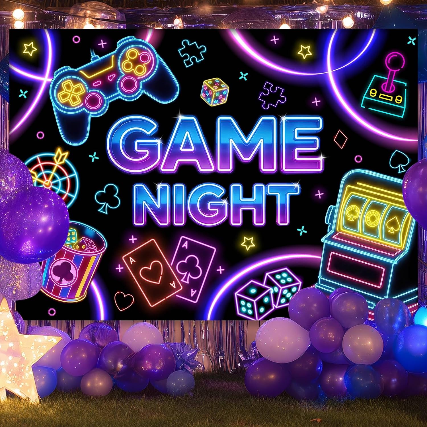 Mocsicka Game Night Theme Photography Backdrops Glow Neon Photo Background for Game On Birthday Party Decor Sleepover Slumber Prom Gaming Party Cake Table Decor Photobooth Supplies (7x5ft) - Image 2