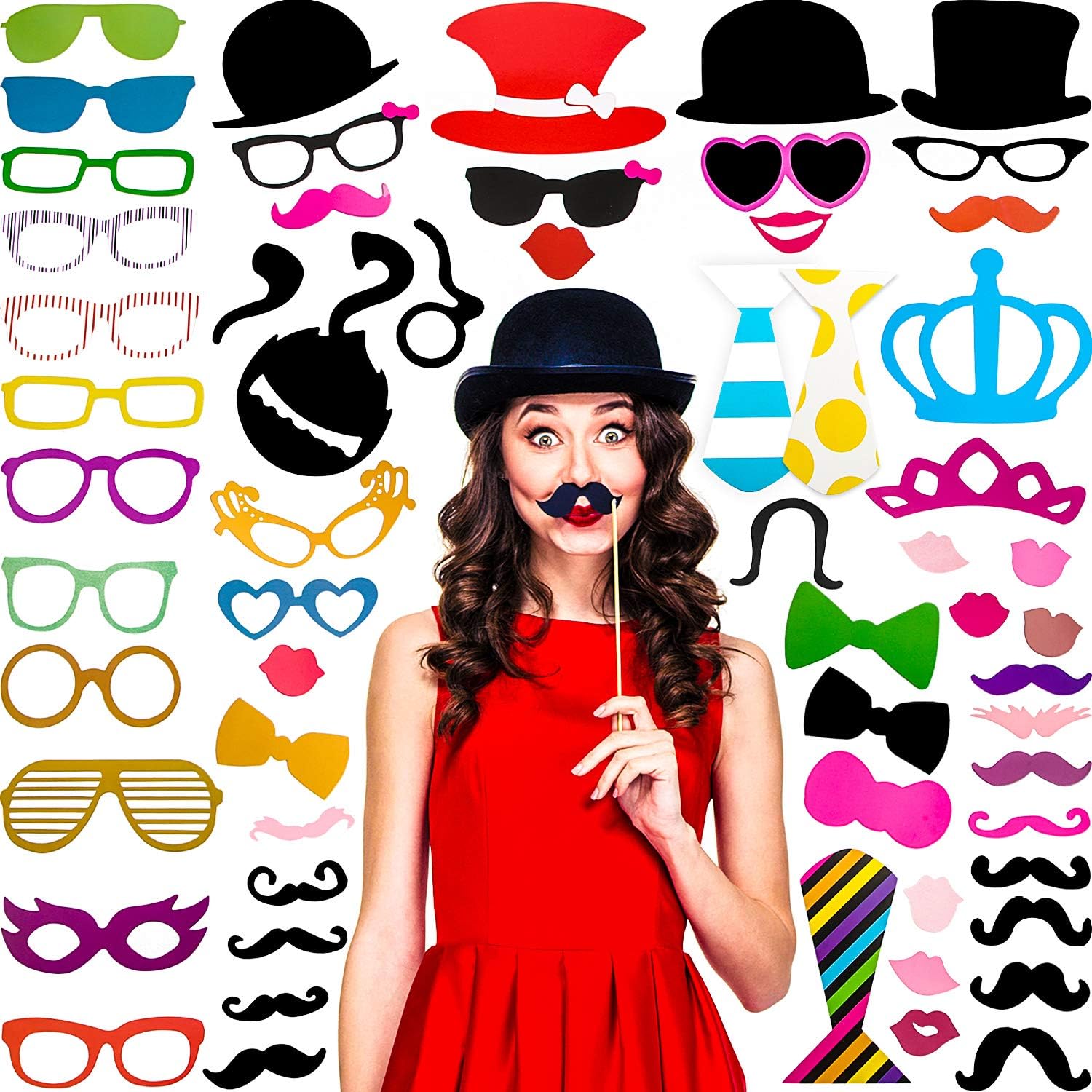 Gejoy 60 Pcs Photo Booth Props DIY Kit Funny Selfie Props Accessories for Grad Wedding Prom Party Supplies Favors with Mustache on a Stick, Hats, Glasses, Mouth, Bowler, Bowties(Classic)